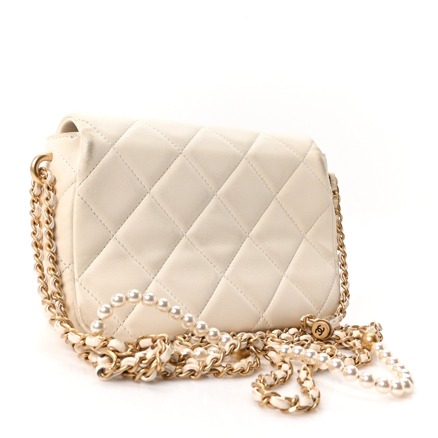 Shiny Lambskin Quilted Pearl Twist Mini Square Flap White