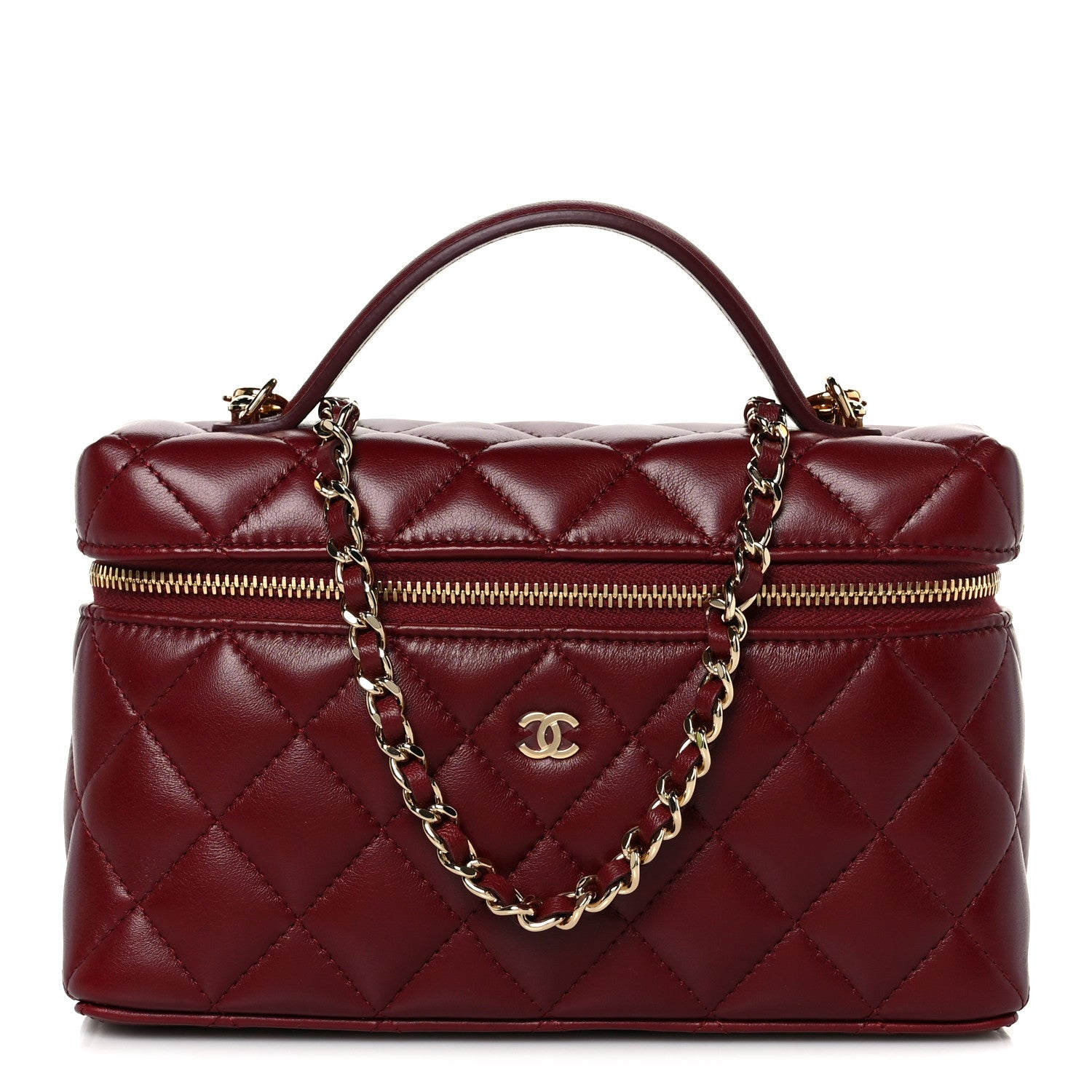 Caviar Quilted Top Handle Slim Vanity With Chain Burgundy