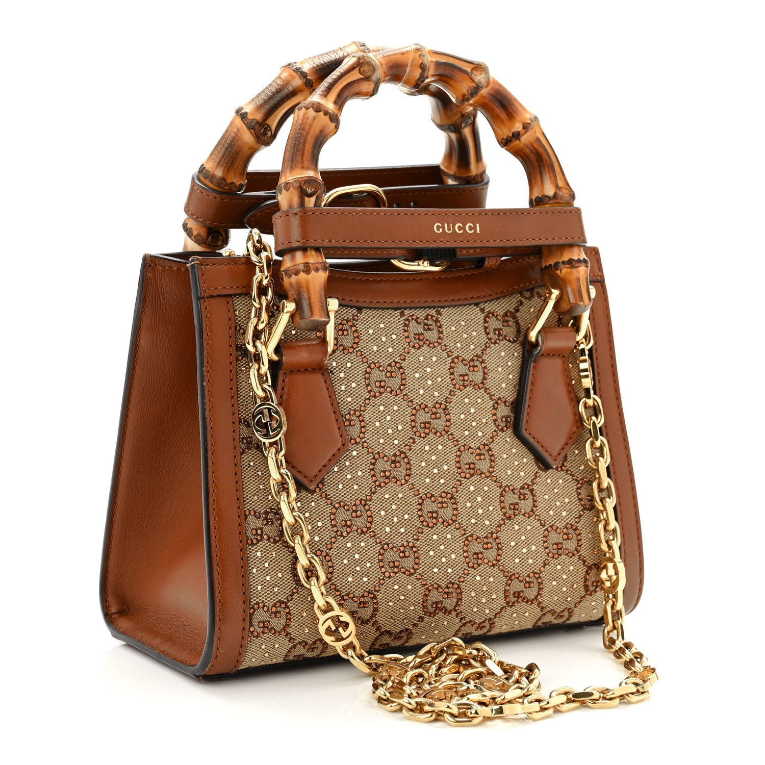 New Canvas Charisma Calfskin Crystal GG Monogram Mini Diana Tote Bag Camel Ebony