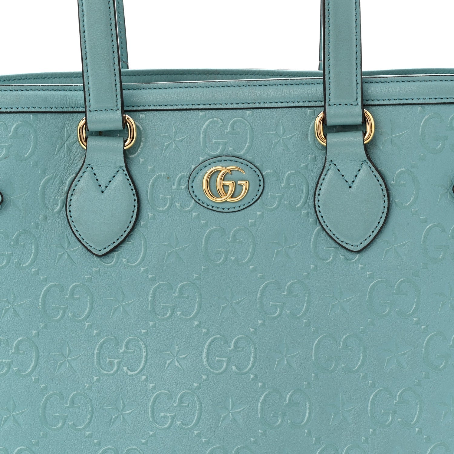 Wonka Grain Calfskin GG Monogram Star Embossed Medium GG Tote Dusty Azure