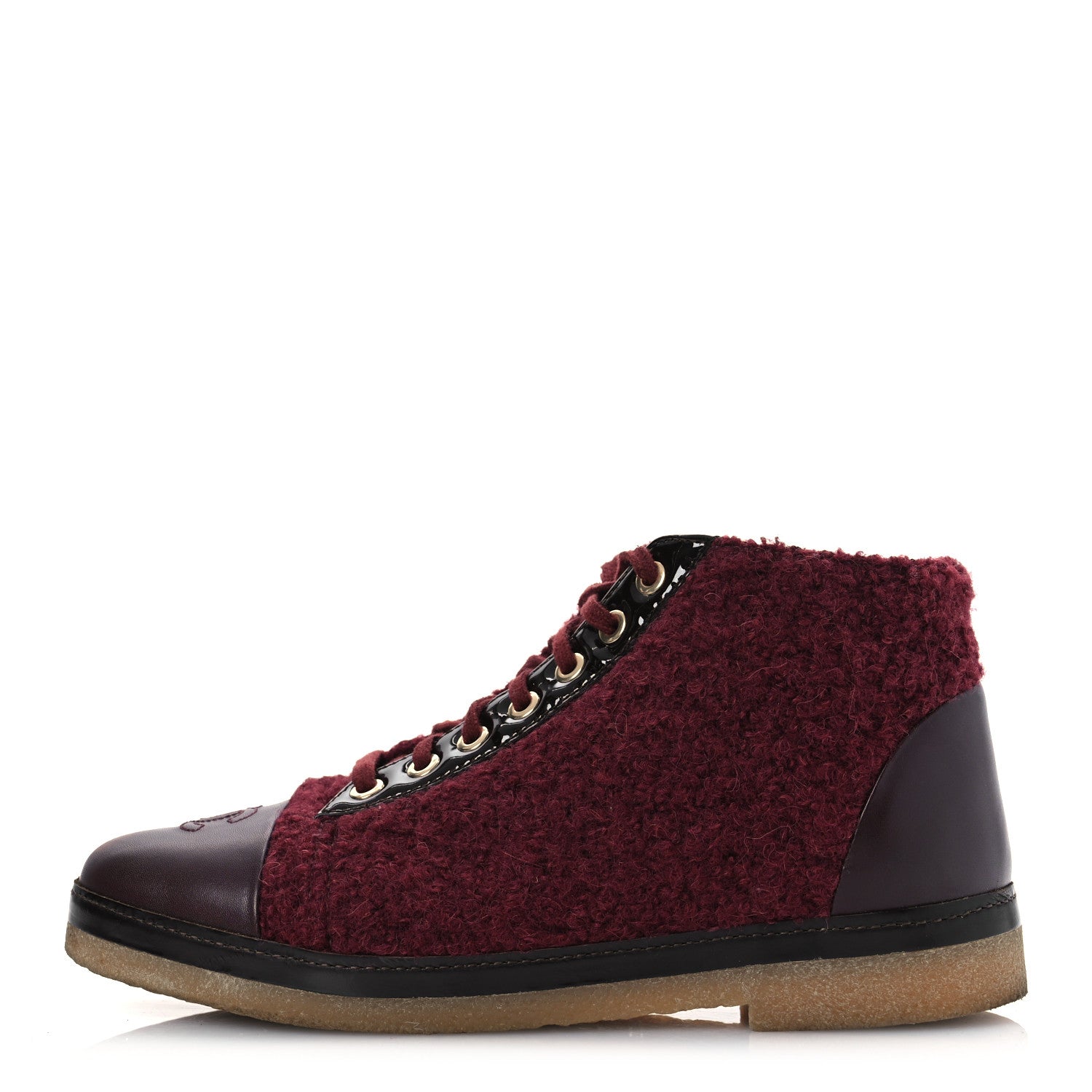 Tweed Calfskin Patent CC Lace Up Short Boots 39 Burgundy