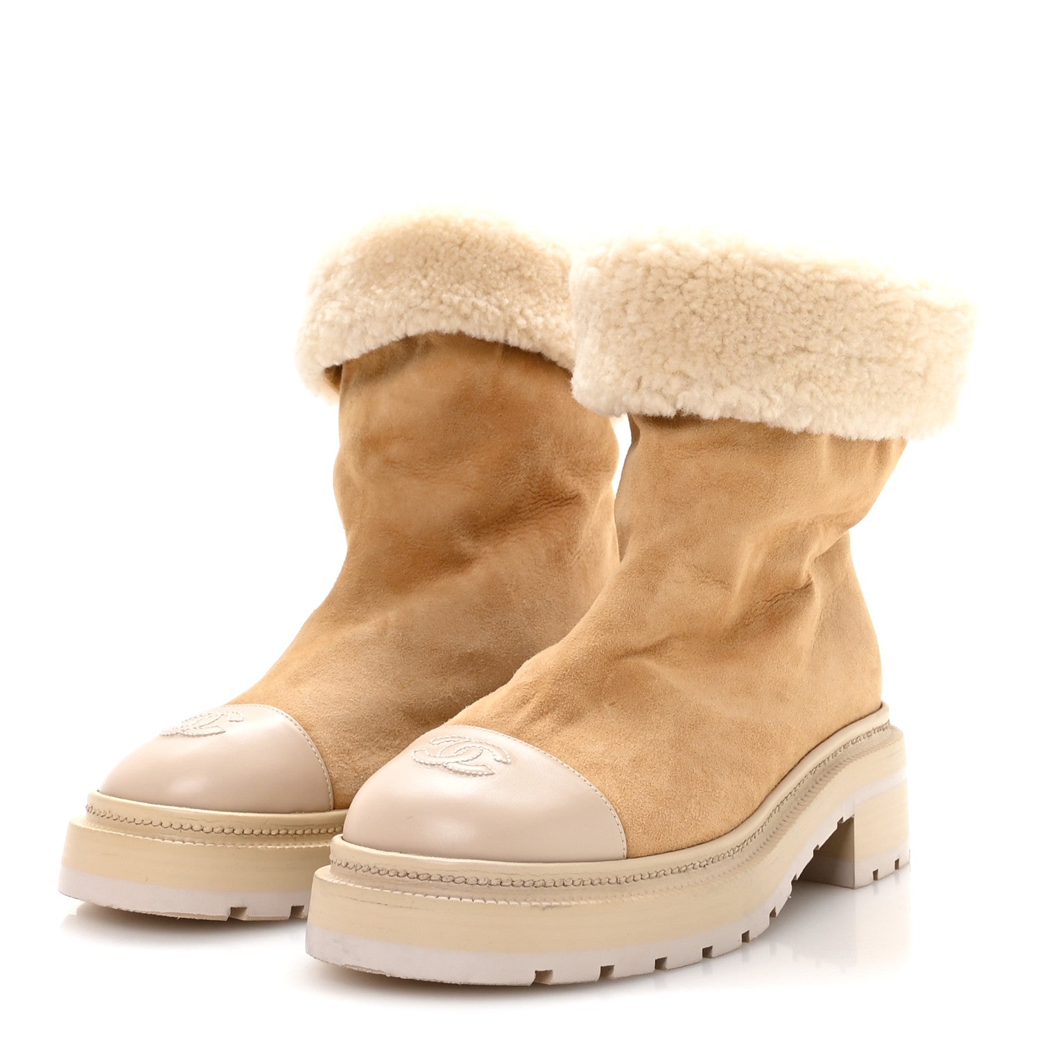Suede Shearling Cap Toe Short Boots 38 Beige