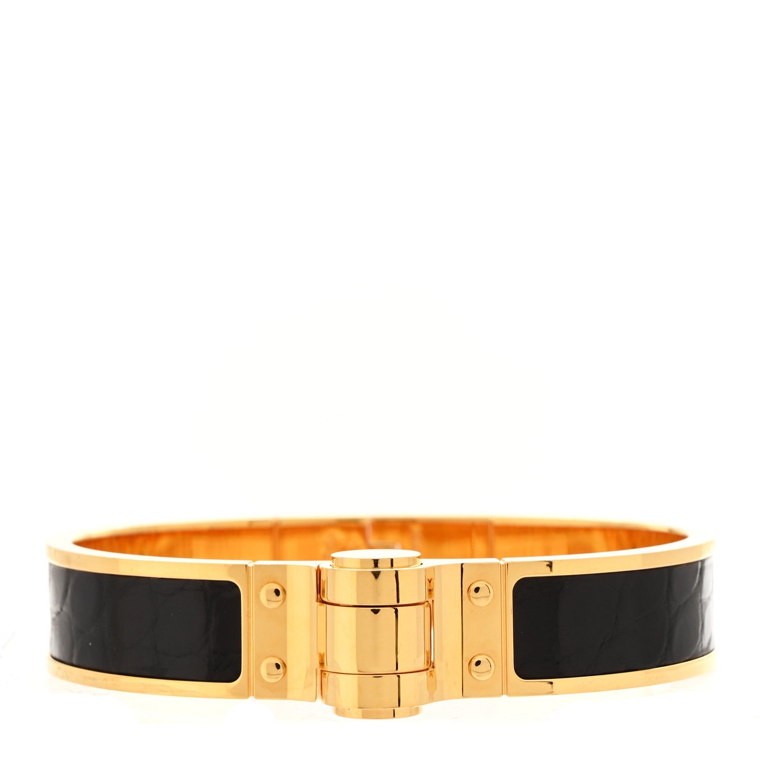 Shiny Alligator Charniere Cuir Narrow Hinged Bracelet M Black