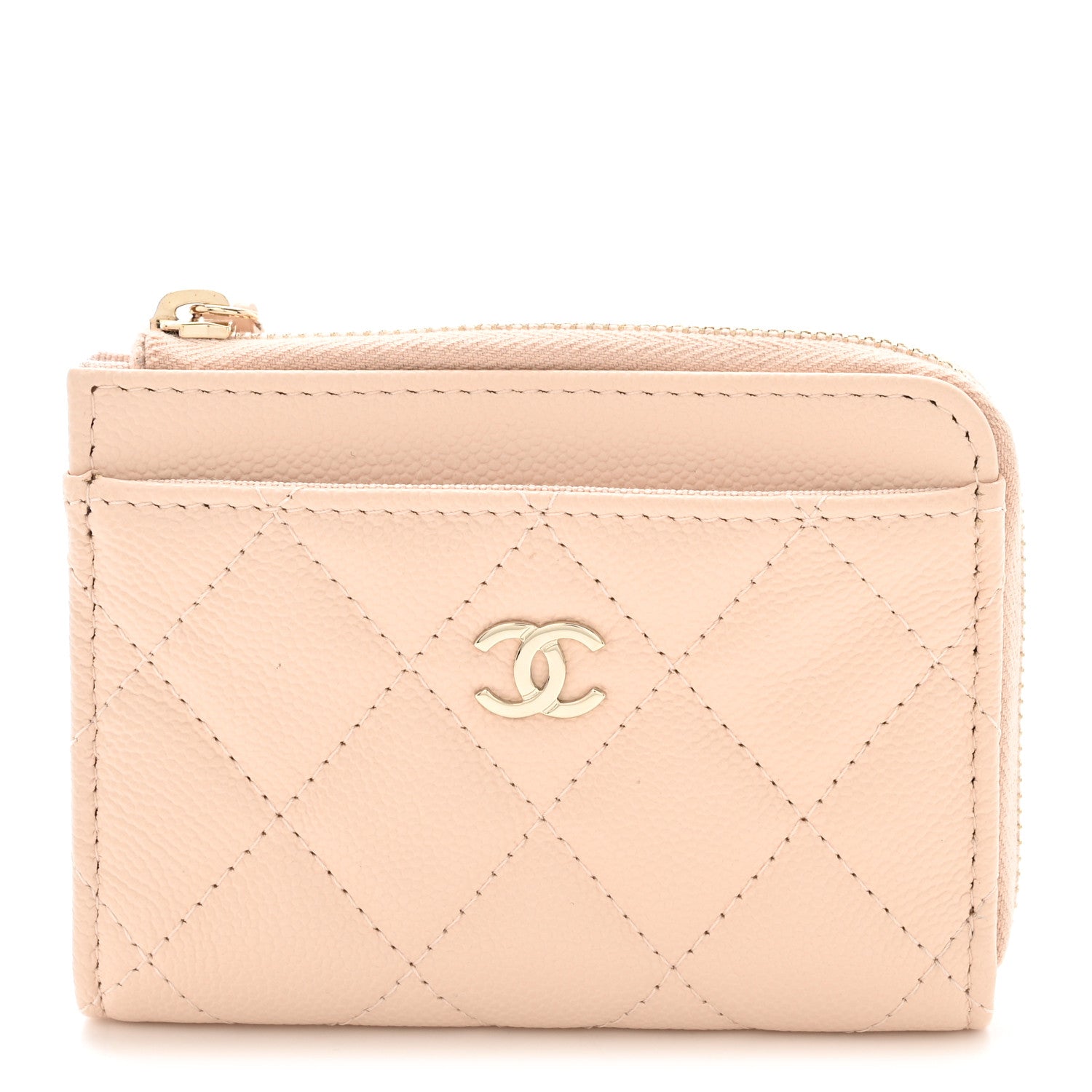 Caviar Quilted CC Zip Around Card Holder Beige