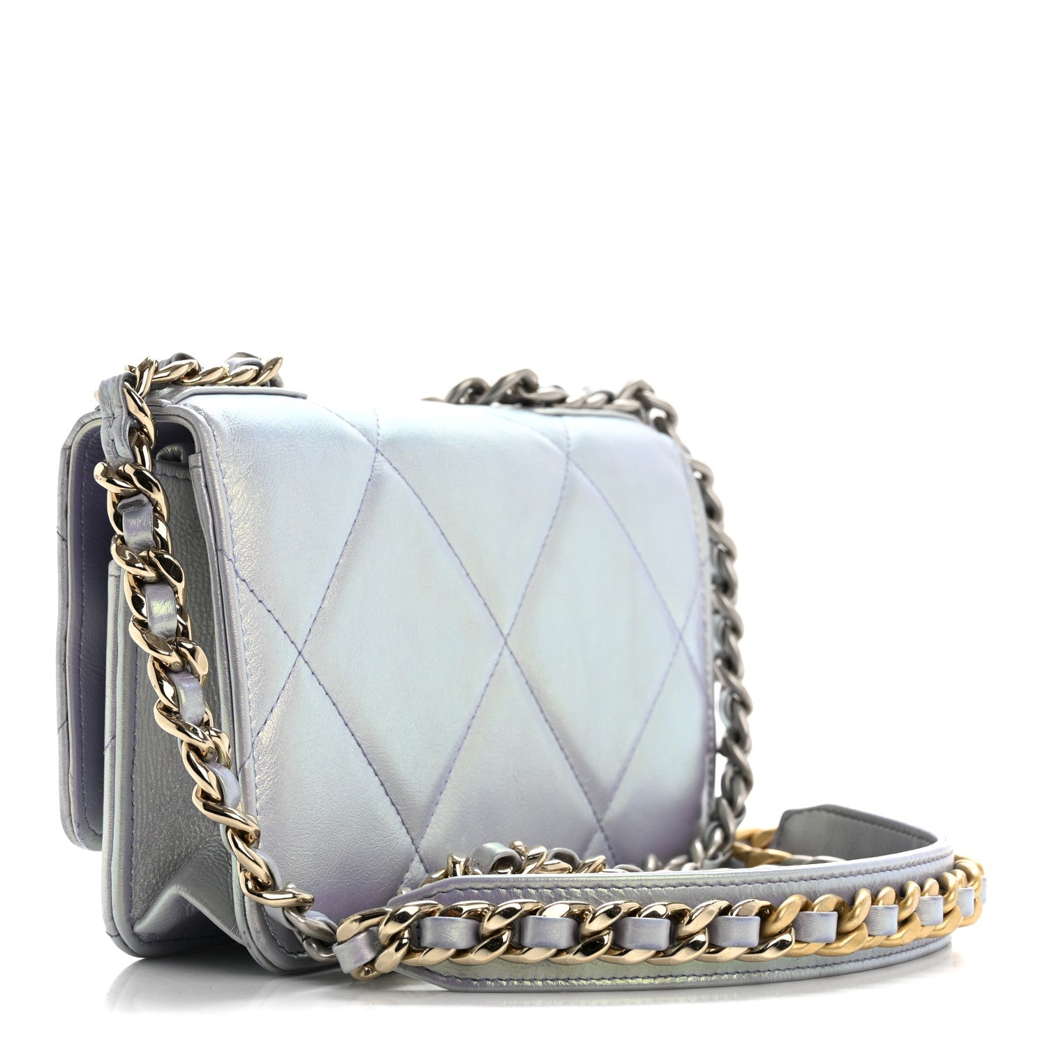 Iridescent Calfskin Quilted Chanel 19 Wallet On Chain WOC Light Purple