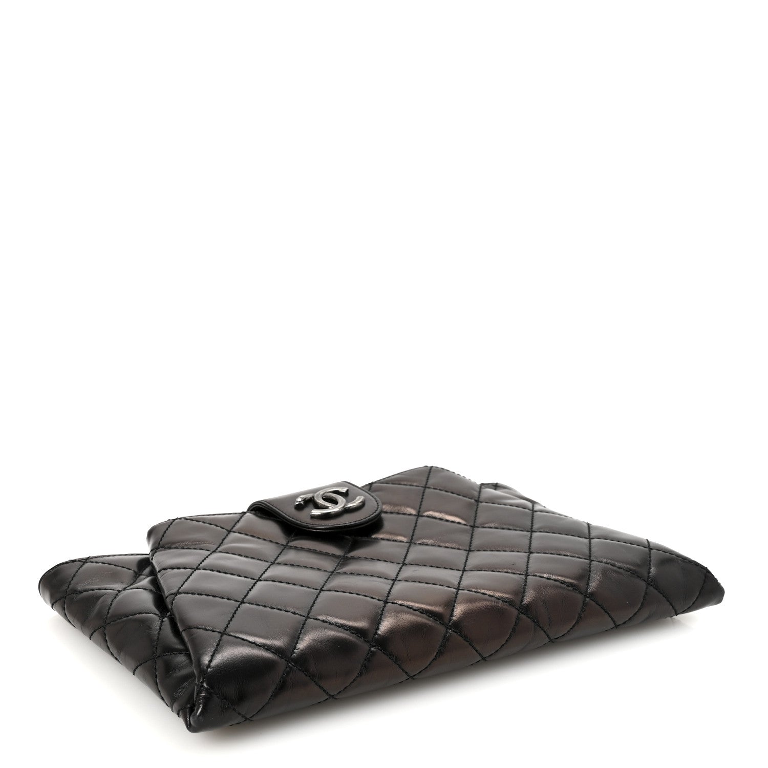 Glazed Calfskin Quilted Coco Pleats Clutch Black