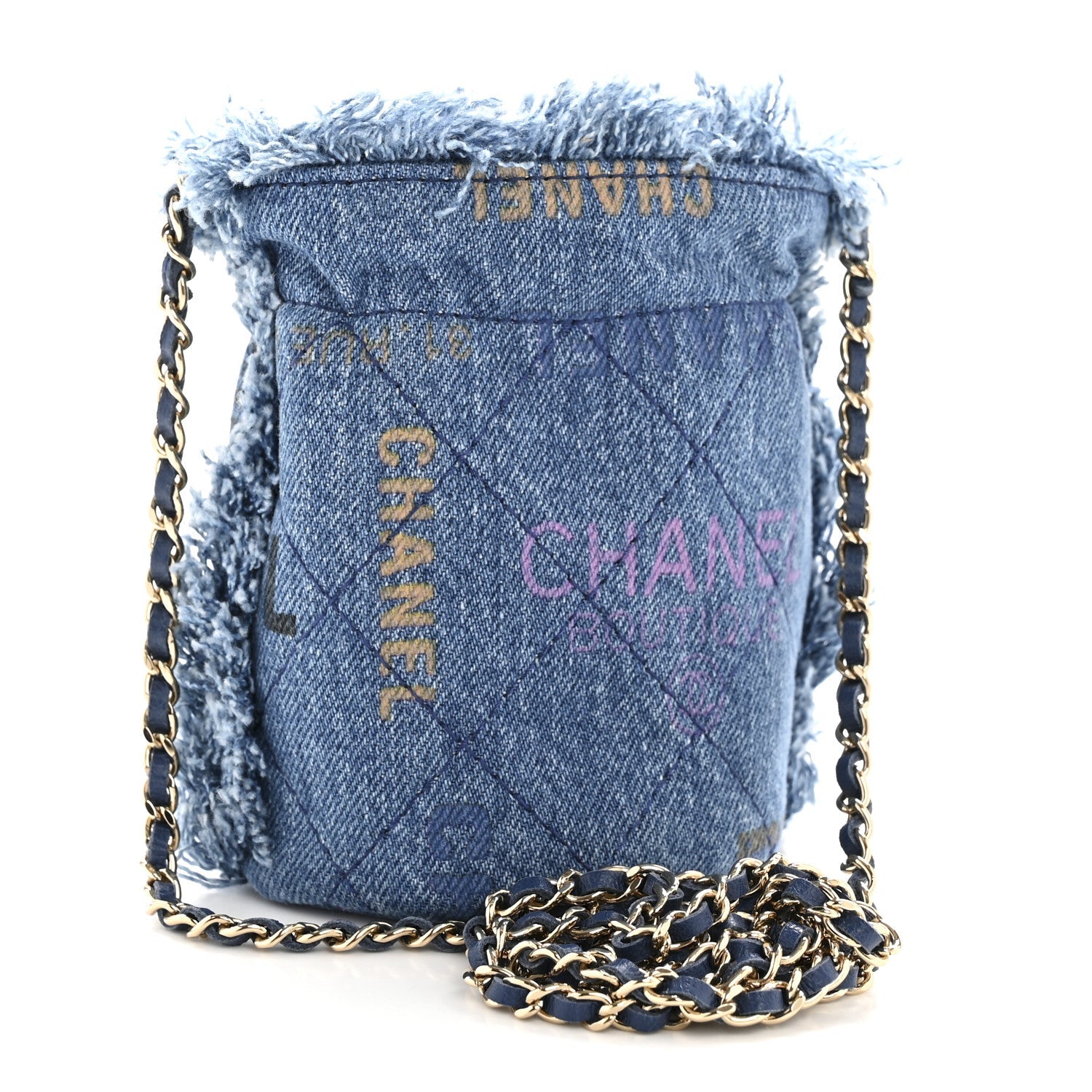 Denim Quilted Mood Mini Bucket With Chain Blue Multicolor