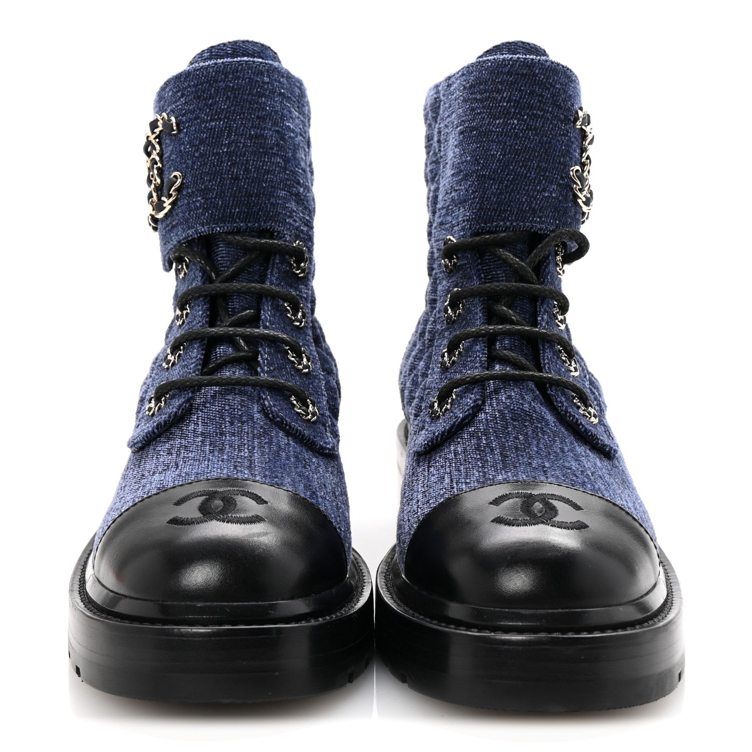 Shiny Calfskin Velvet Quilted Lace Up Combat Boots 38.5 Blue Black