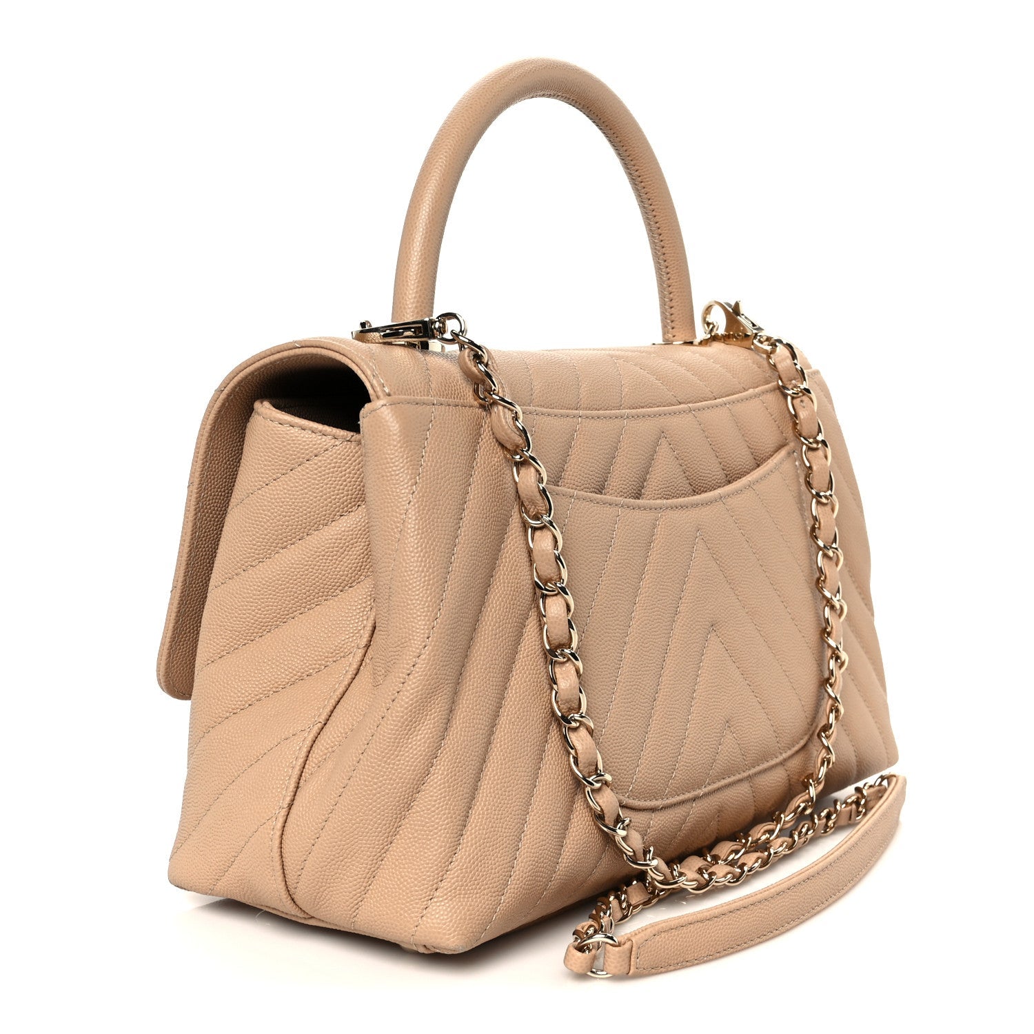 Caviar Chevron Quilted Small Coco Handle Flap Beige