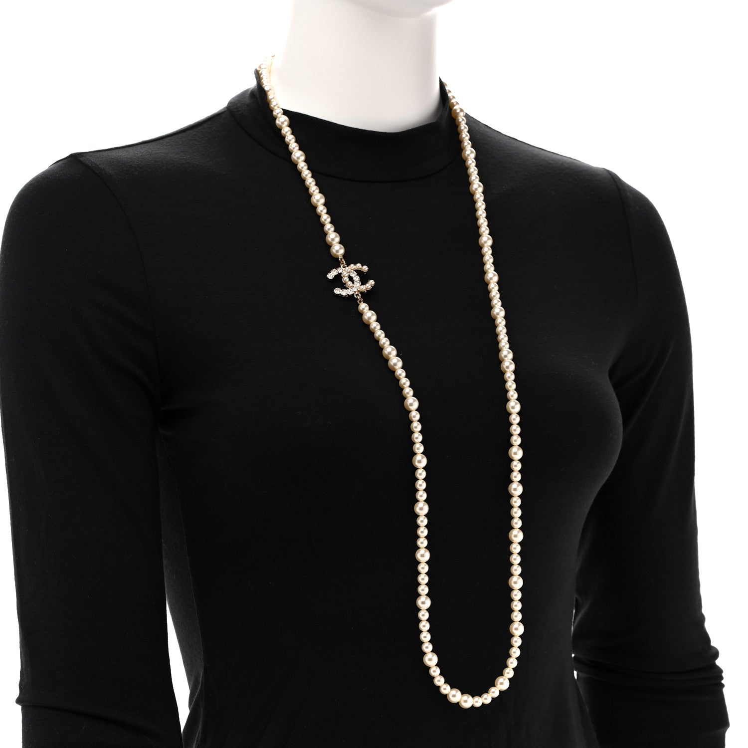 Pearl Baguette Crystal CC Long Necklace Gold