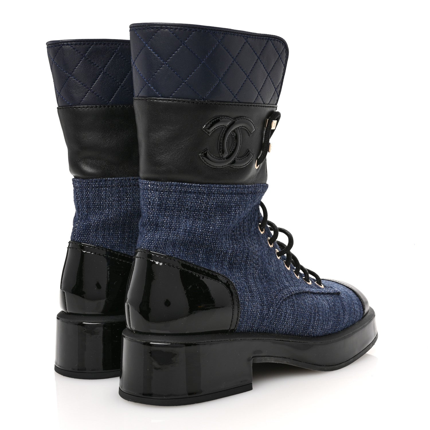 Fabric Patent Lambskin Quilted CC Lace Up Combat Boots 37 Navy Blue Black
