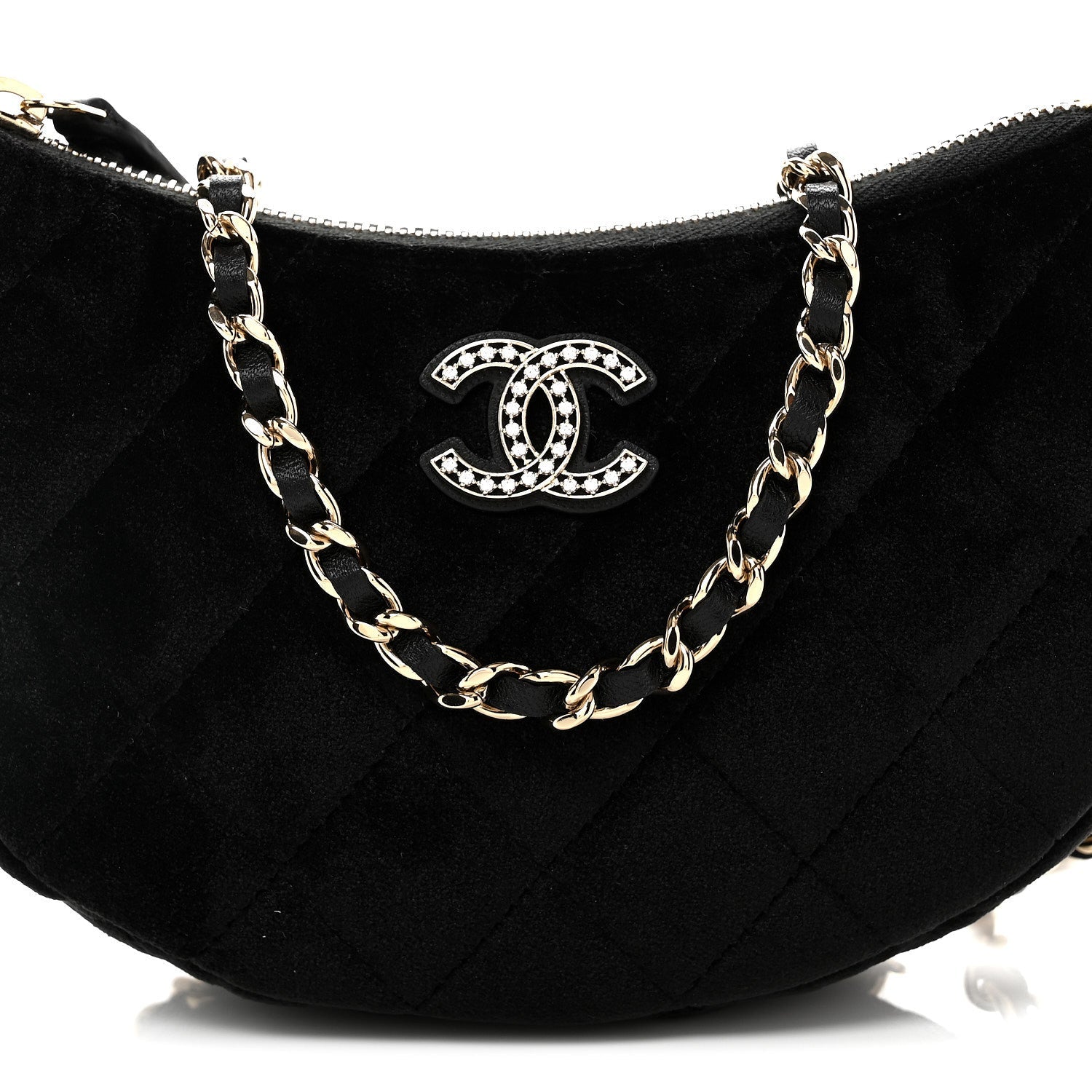 Velvet Crystal Quilted Chain Hobo Black