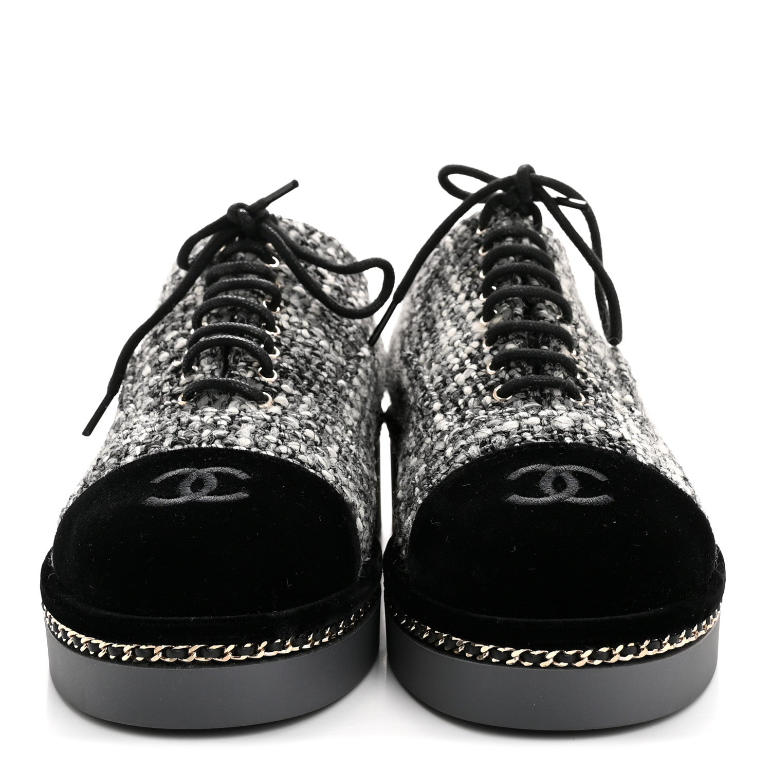 Tweed Suede CC Lace Up Oxfords 38.5 Grey Black
