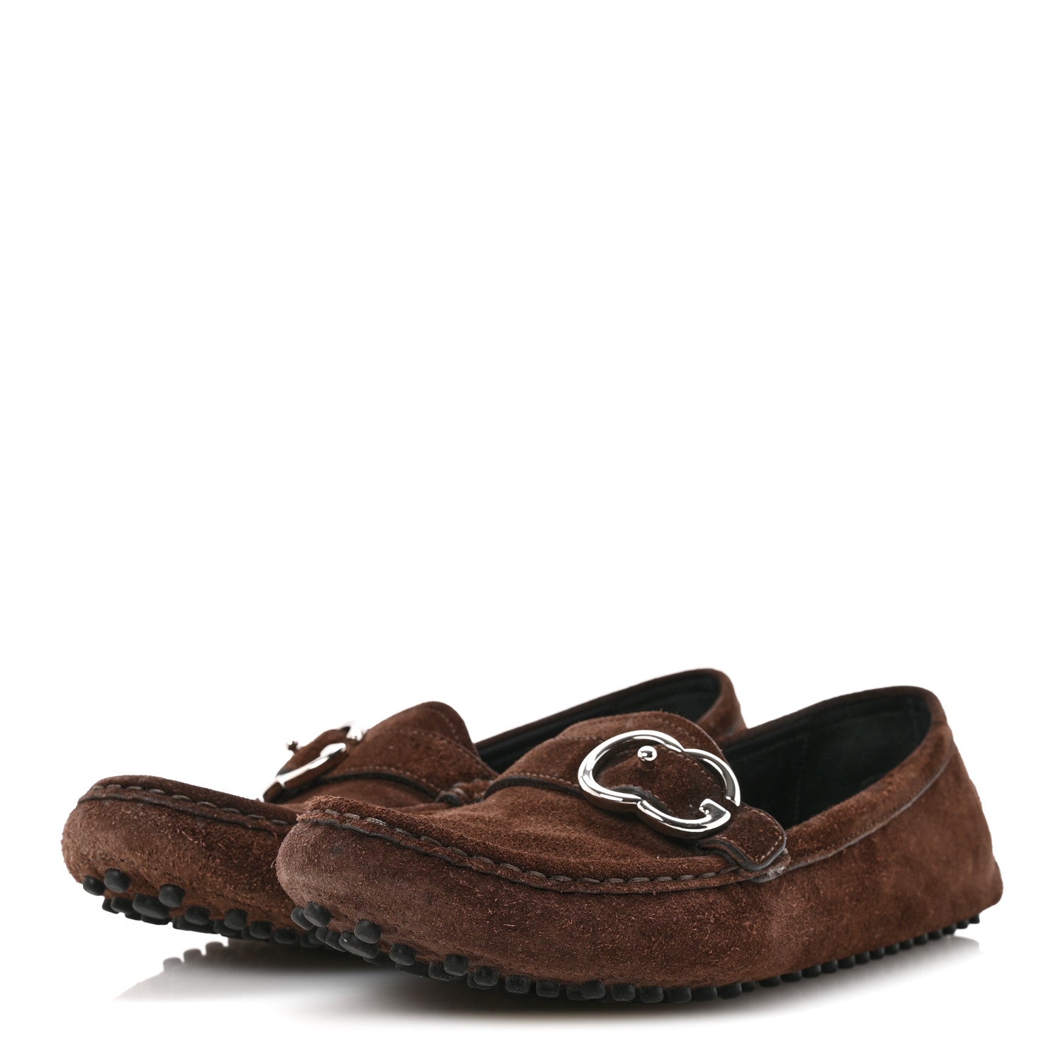 Suede GG Buckle Driver Loafers 38.5 Brown
