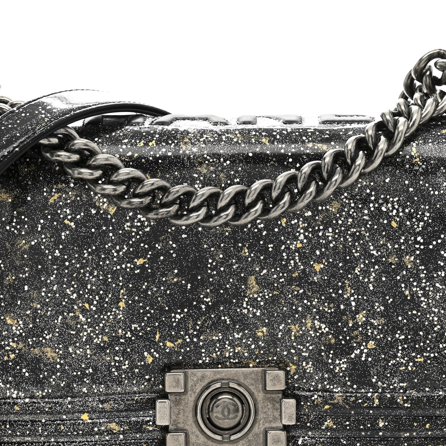Glitter Glazed Calfskin Medium Boy Flap Black