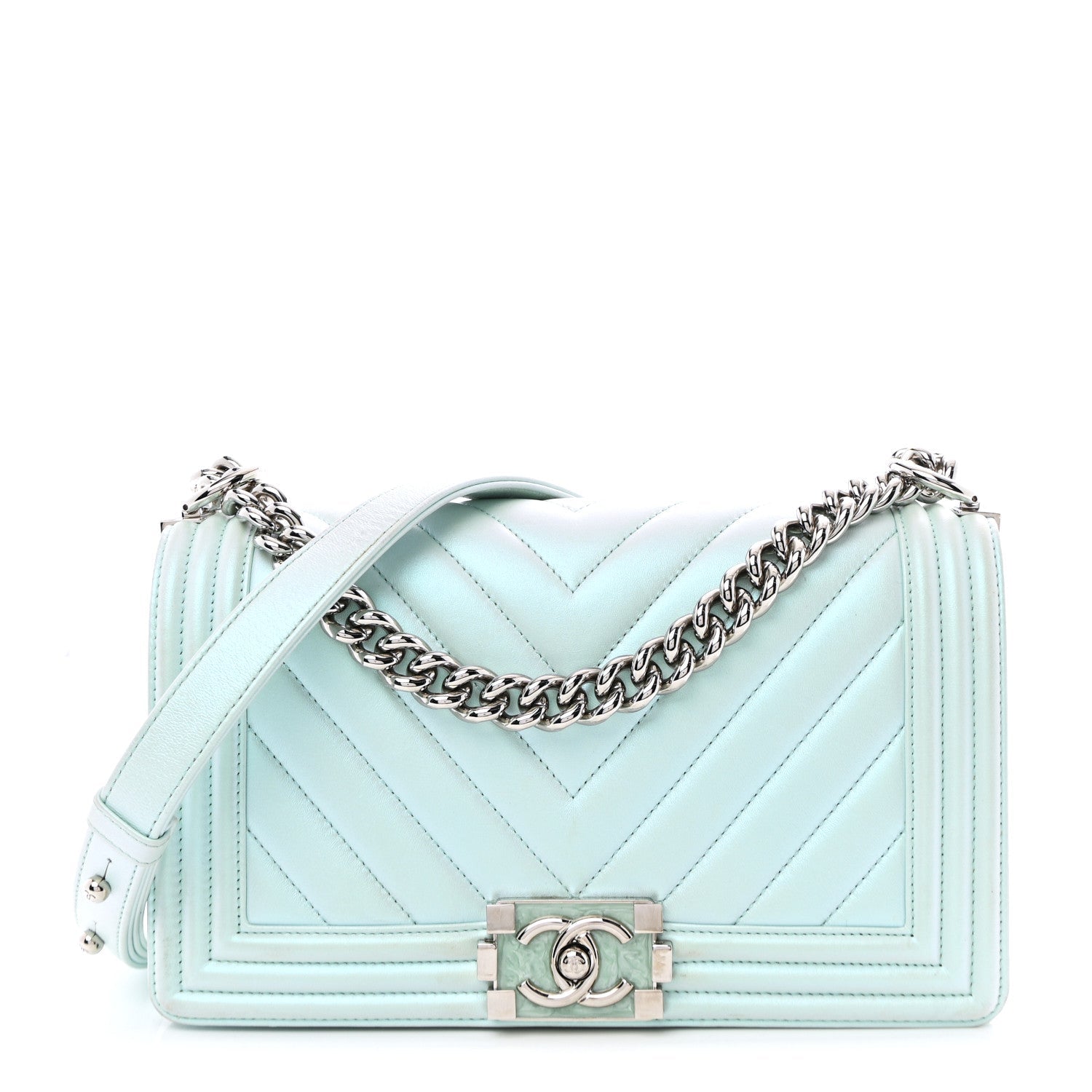 Iridescent Lambskin Chevron Quilted Medium Boy Flap Turquoise