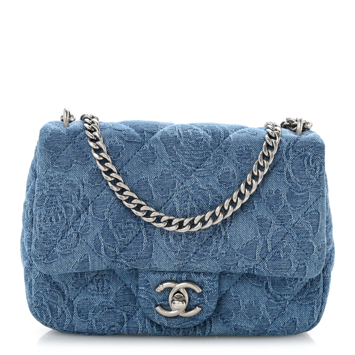 Denim Quilted Camellia Sweetheart Mini Flap Blue