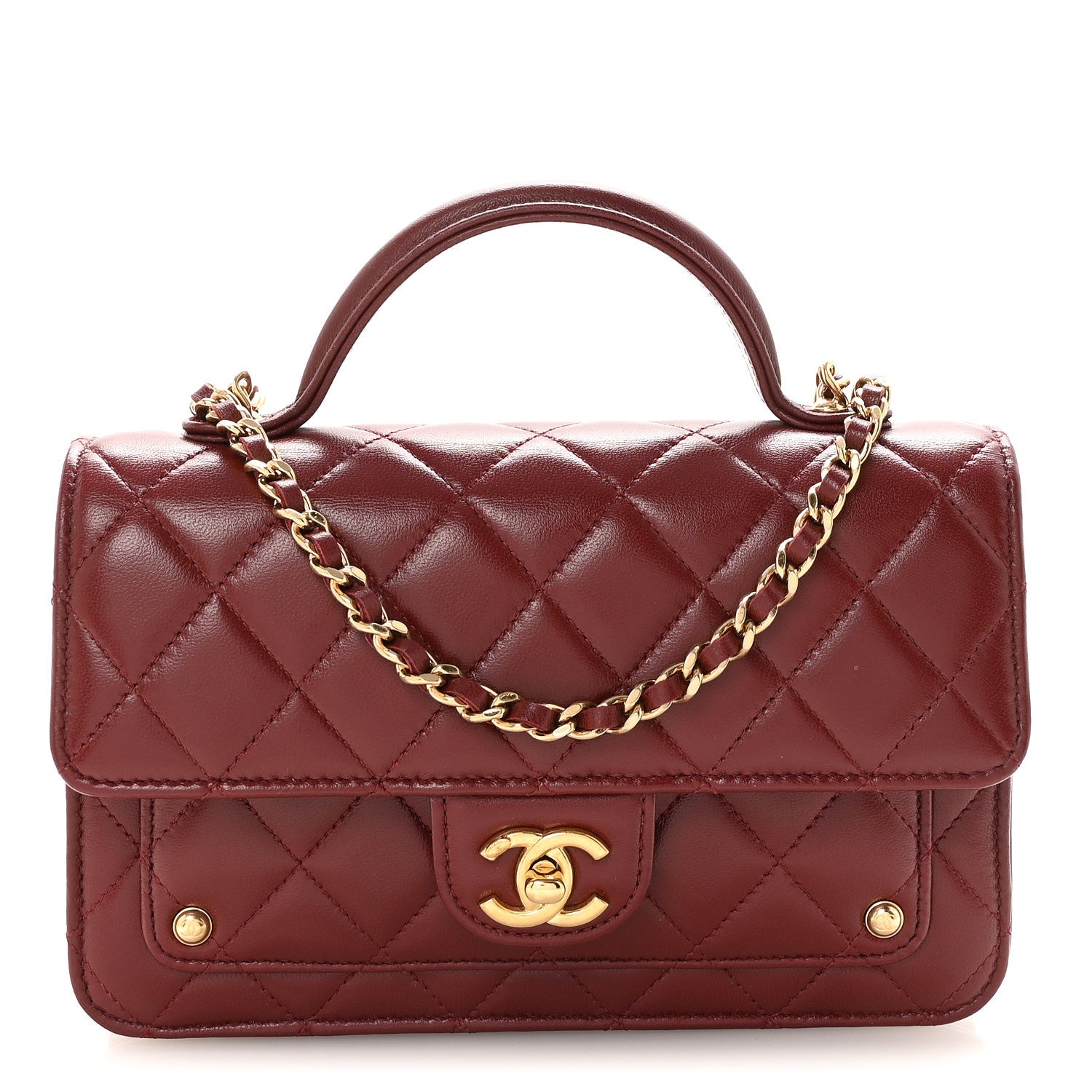Lambskin Quilted Top Handle Clutch With Chain Burgundy