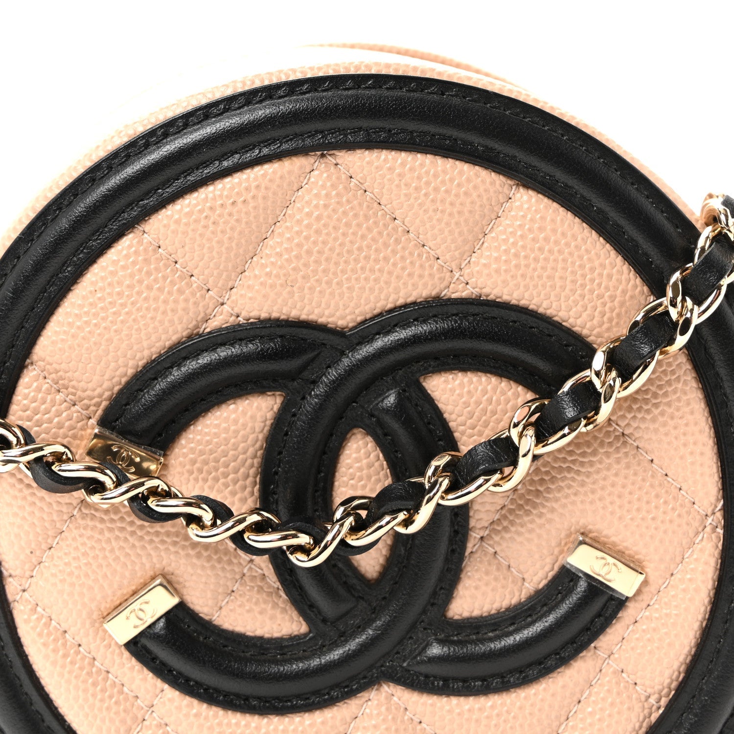 Caviar Quilted Round Filigree Crossbody Beige Black