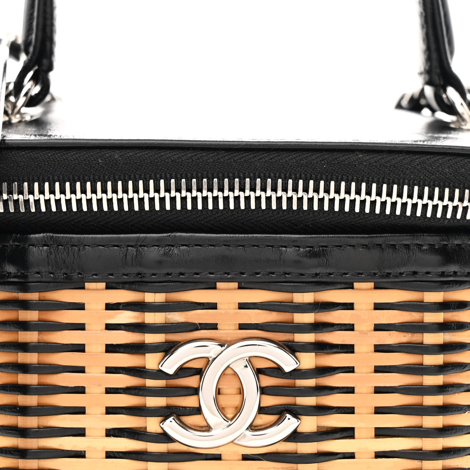 Calfskin Raffia Small Vanity Case Bag Black Beige