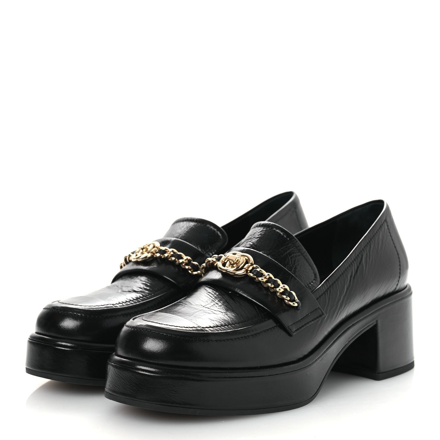 Shiny Calfskin Logo Loafers 38 Black