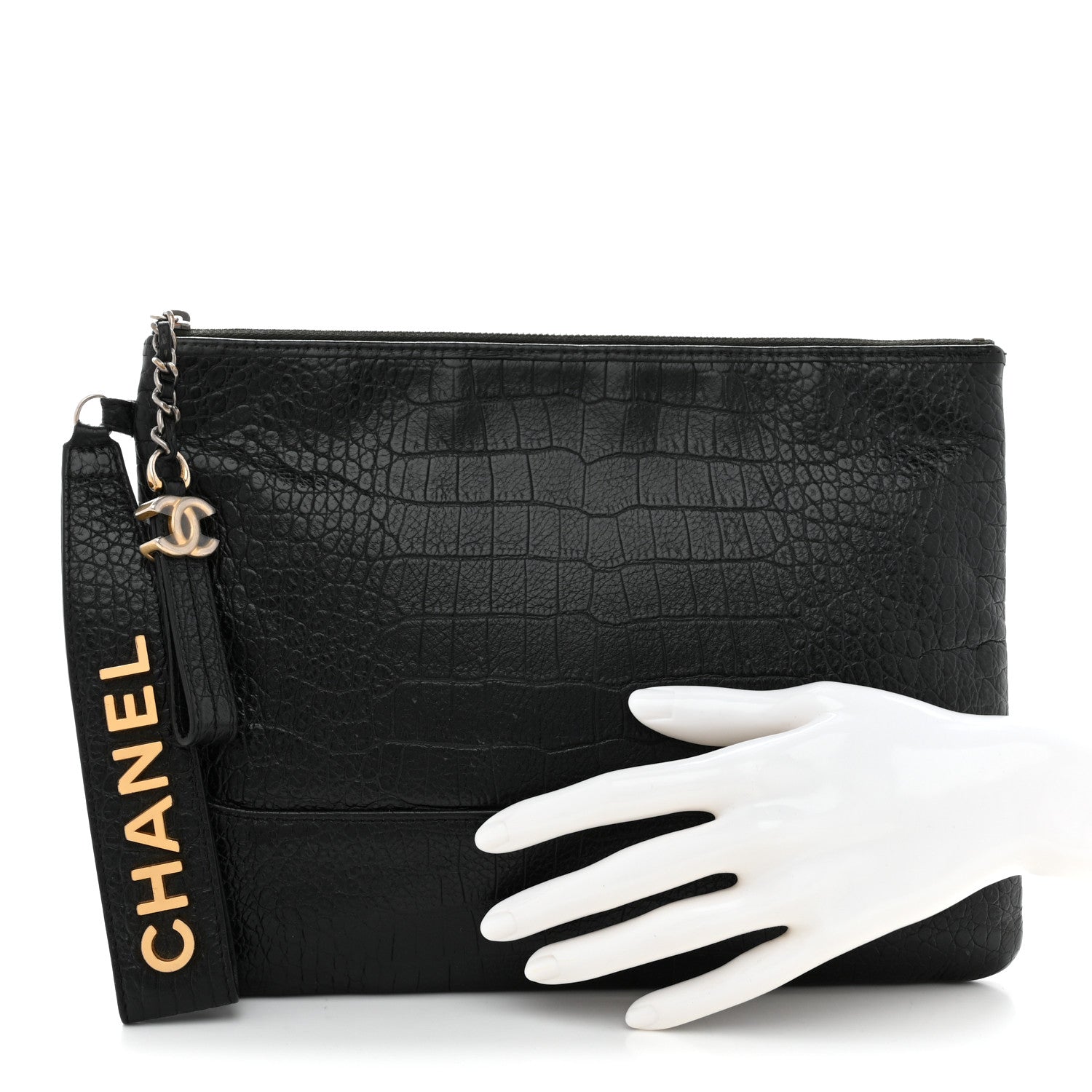 Calfskin Crocodile Embossed Quilted Medium Gabrielle Cosmetic Case Black