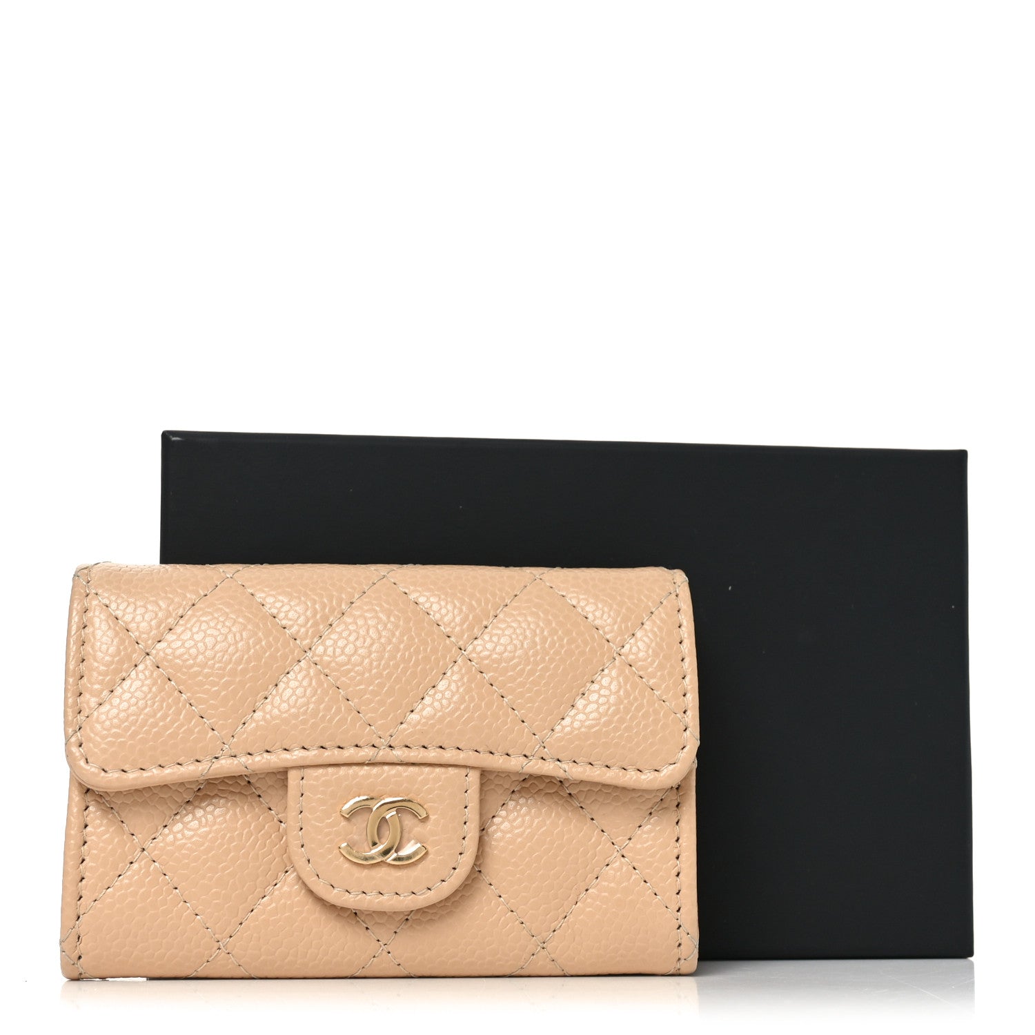 Caviar Quilted Flap Card Holder Wallet Beige