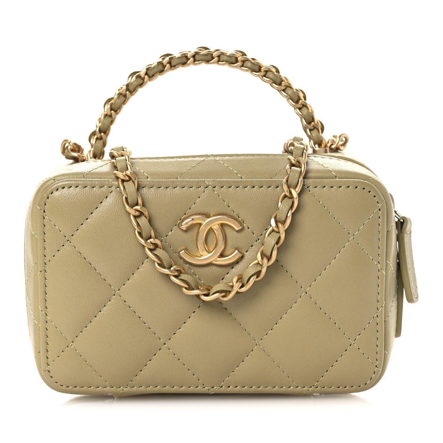 Lambskin Quilted Chain Top Handle Mini Vanity Case Light Green