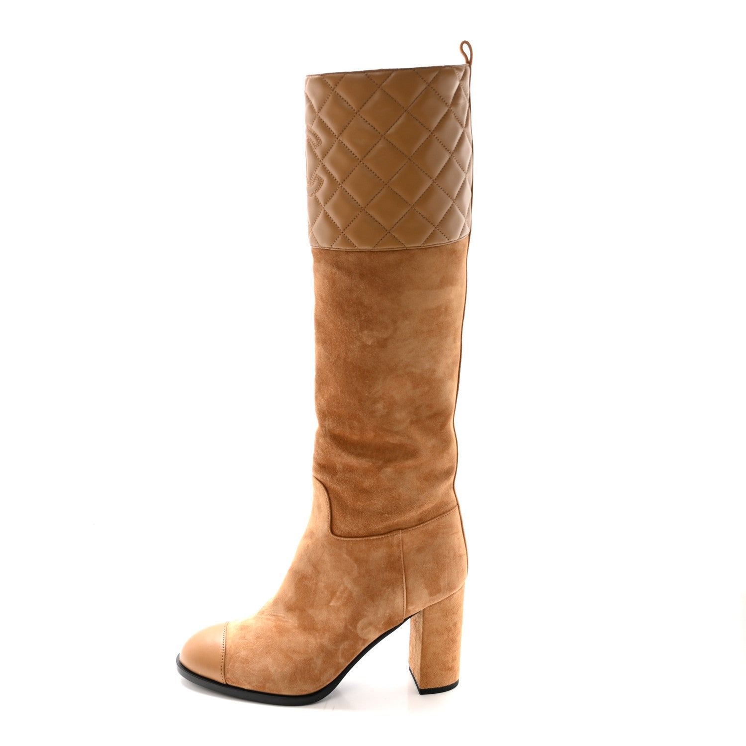 Suede Calfskin Lambskin Quilted Knee High Heel Boots 38 Beige