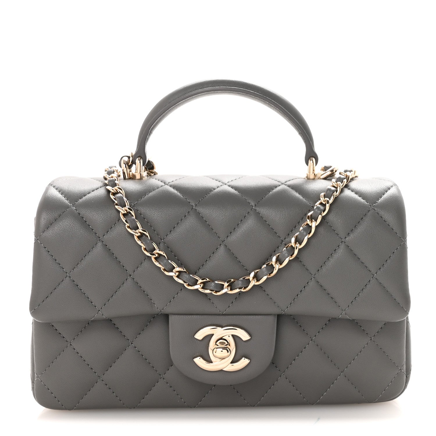 Lambskin Quilted Mini Top Handle Rectangular Flap Dark Grey