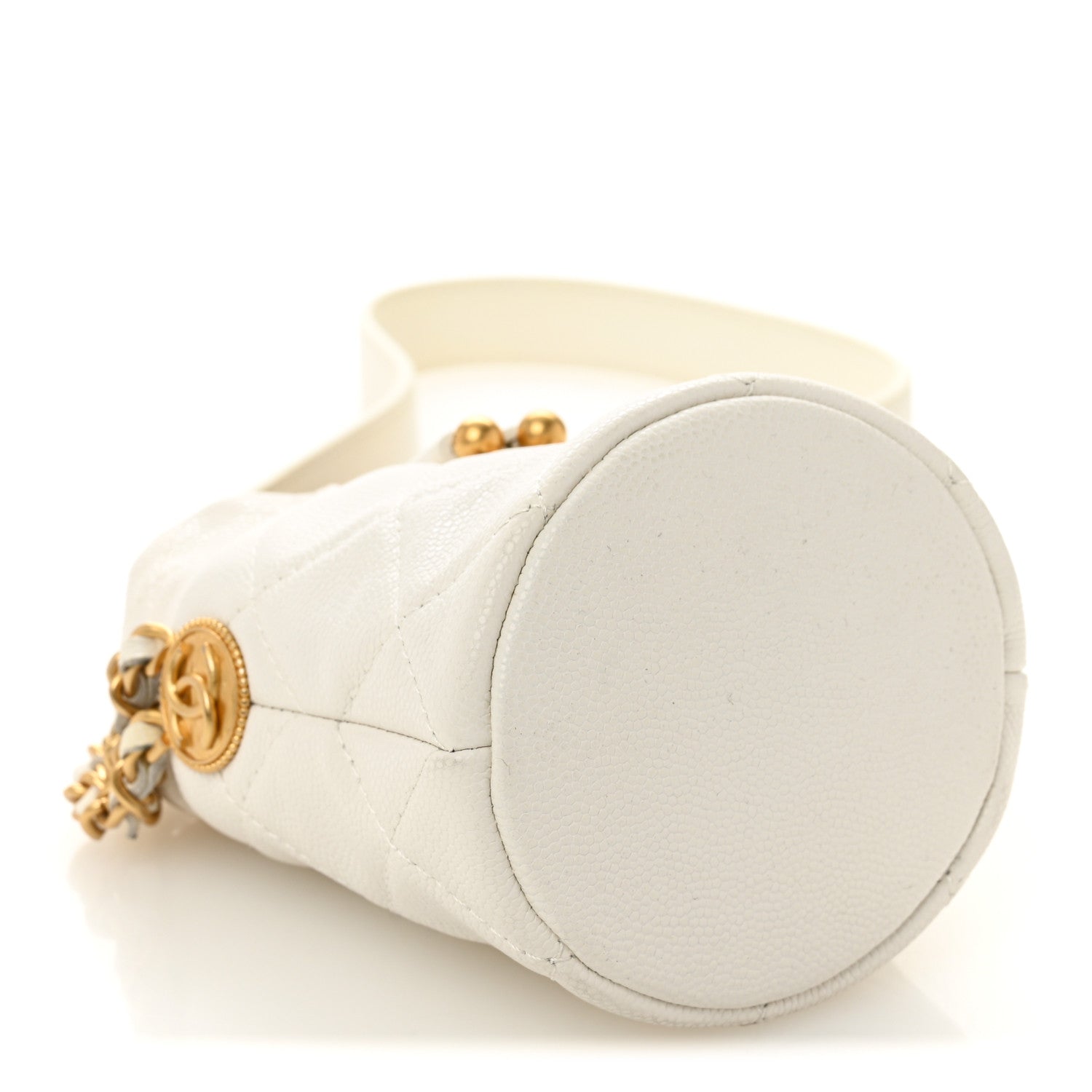 Caviar Quilted Twist Your Buttons Mini Bucket Bag White