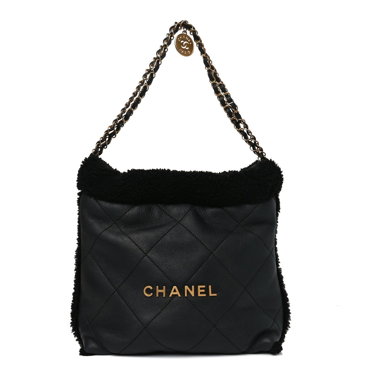 Aged Lambskin Shearling Quilted Small Chanel 22 Black