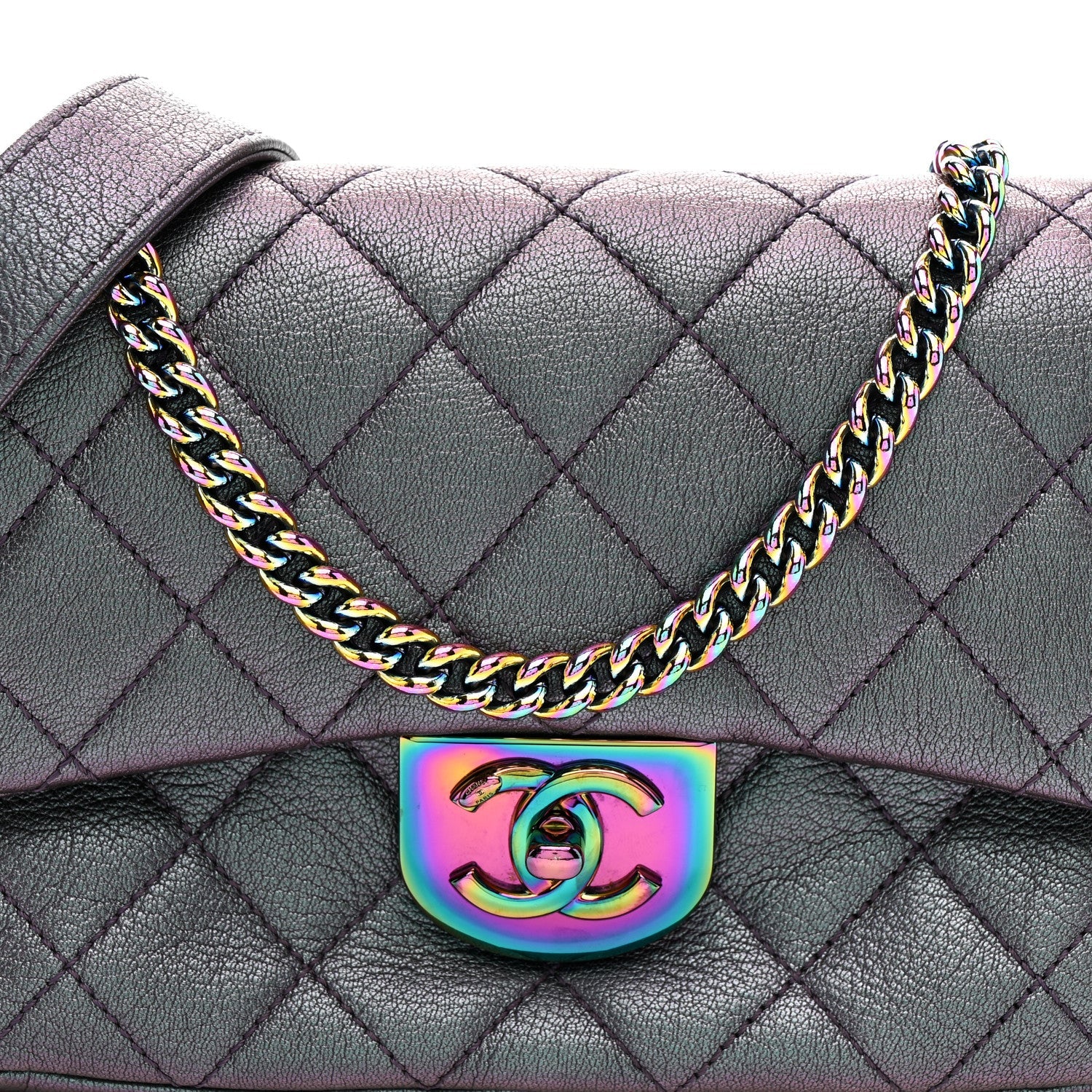 Iridescent Goatskin Quilted Small Double Carry Waist Chain Flap Purple