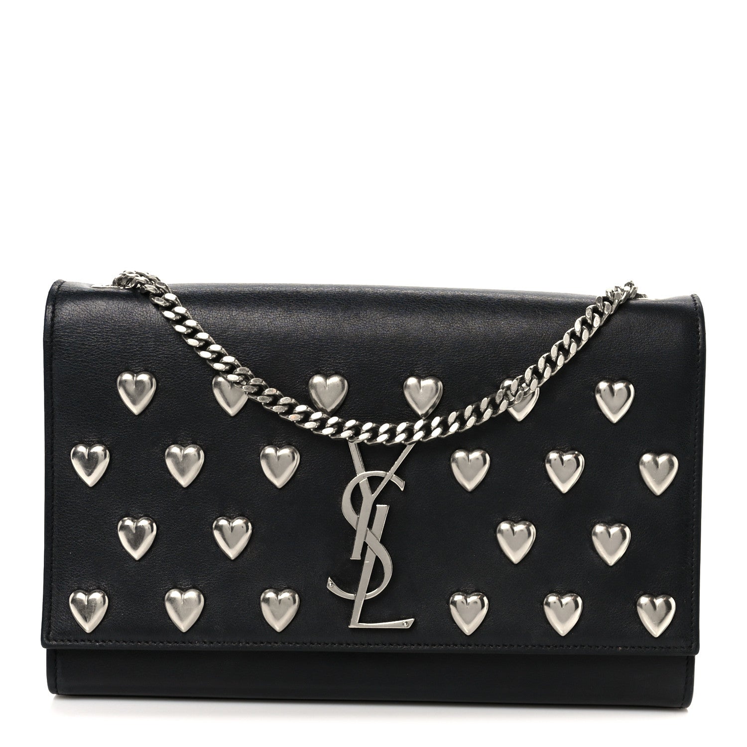 Calfskin Heart Studded Monogram Chain Wallet Black