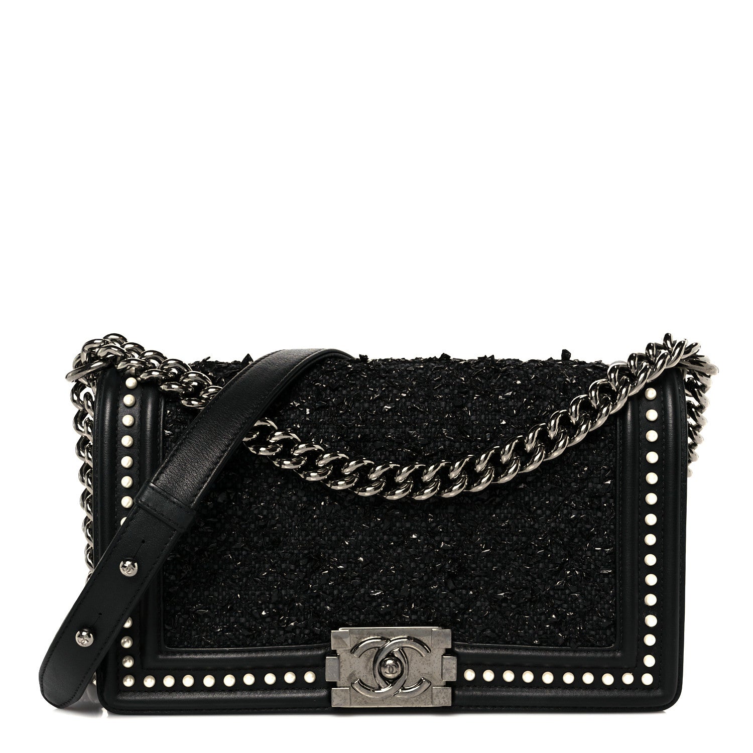 Calfskin Pearl Tweed Medium Boy Flap Black