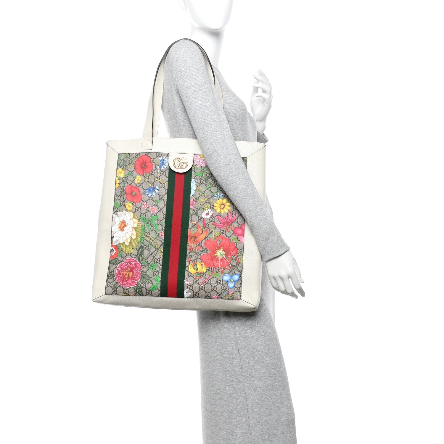 GG Supreme Monogram Flora Web Ophidia Vertical Shopping Tote White
