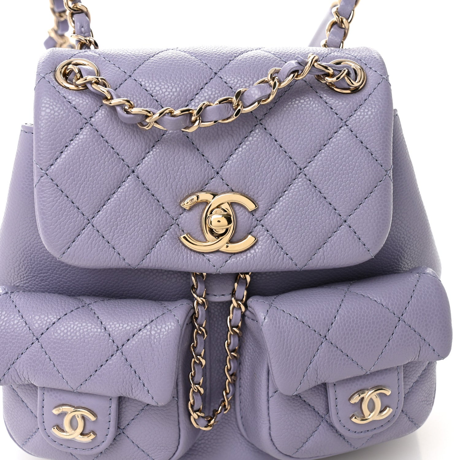 Shiny Caviar Quilted Small Duma Pockets Drawstring Backpack Light Purple
