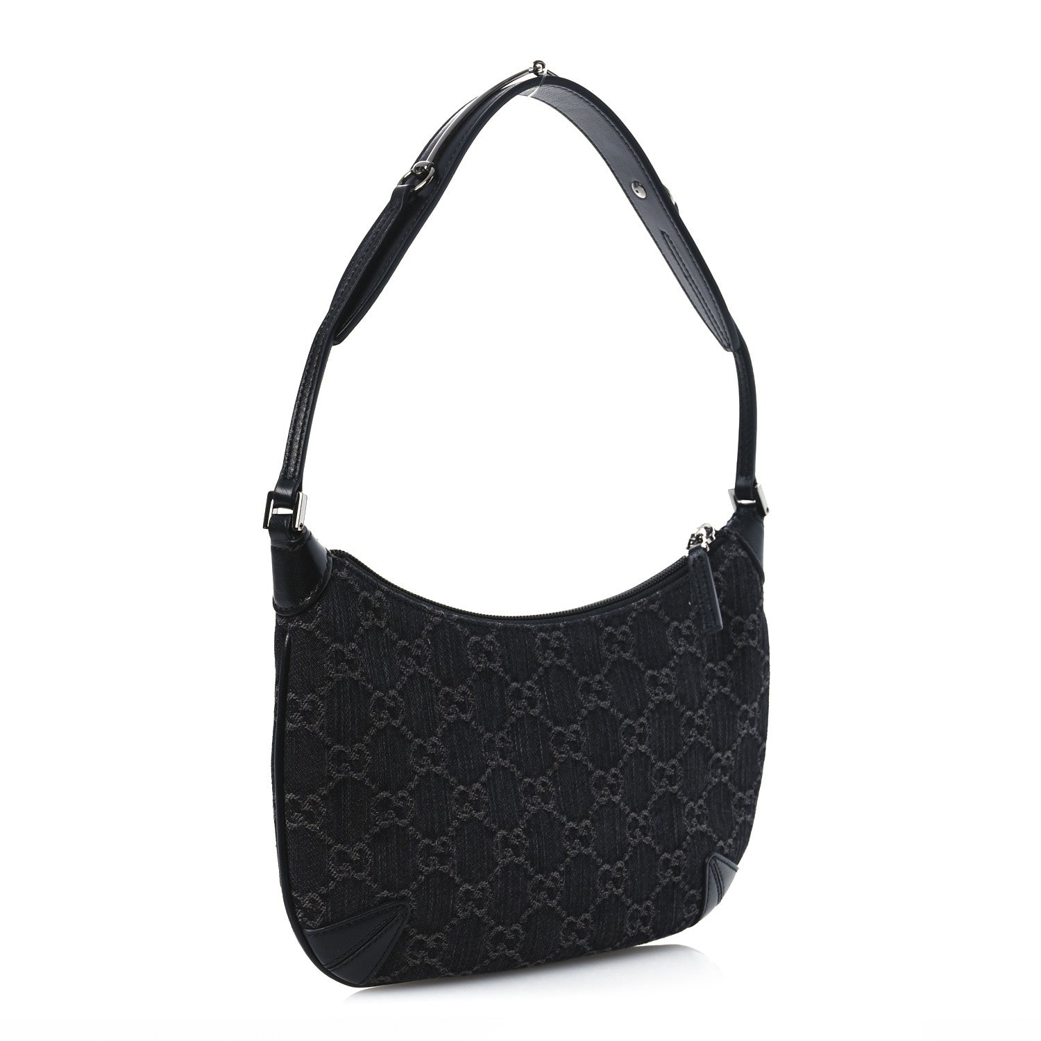 Jacquard Black Denim GG Monogram Horsebit Slim Small Shoulder Bag Black Grey