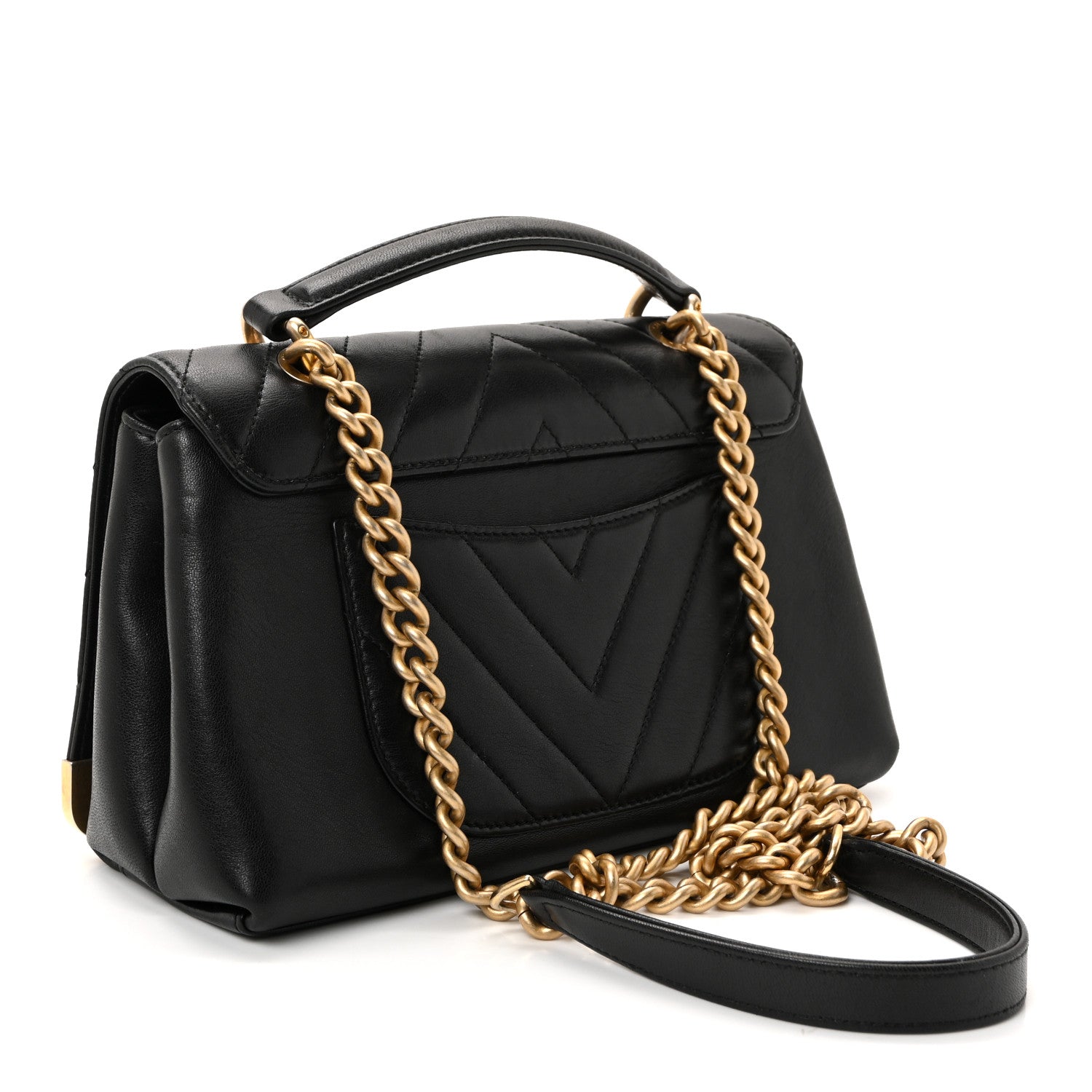 Sheepskin Chevron Stitched Chain Top Handle Flap Black