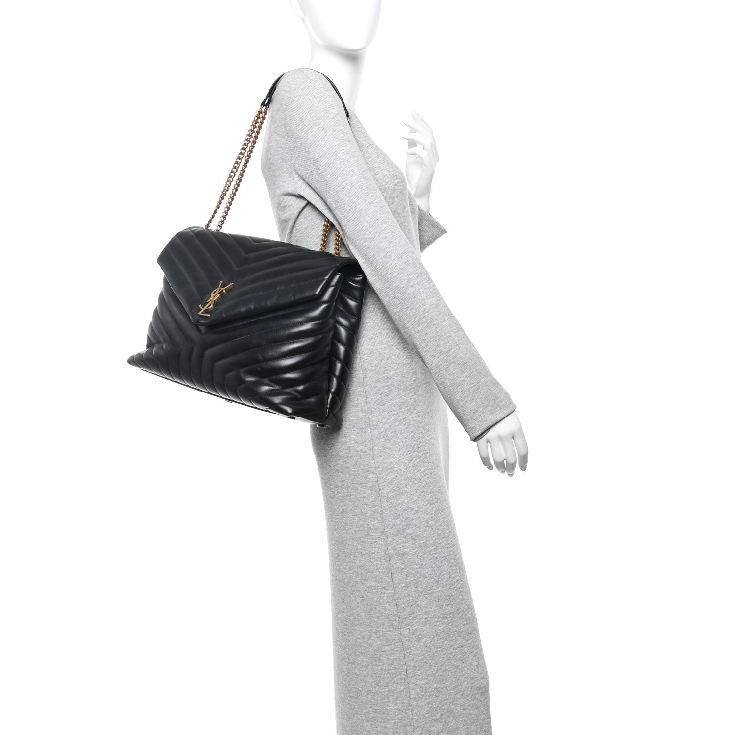 Calfskin Y Quilted Monogram Large Loulou Chain Satchel Black