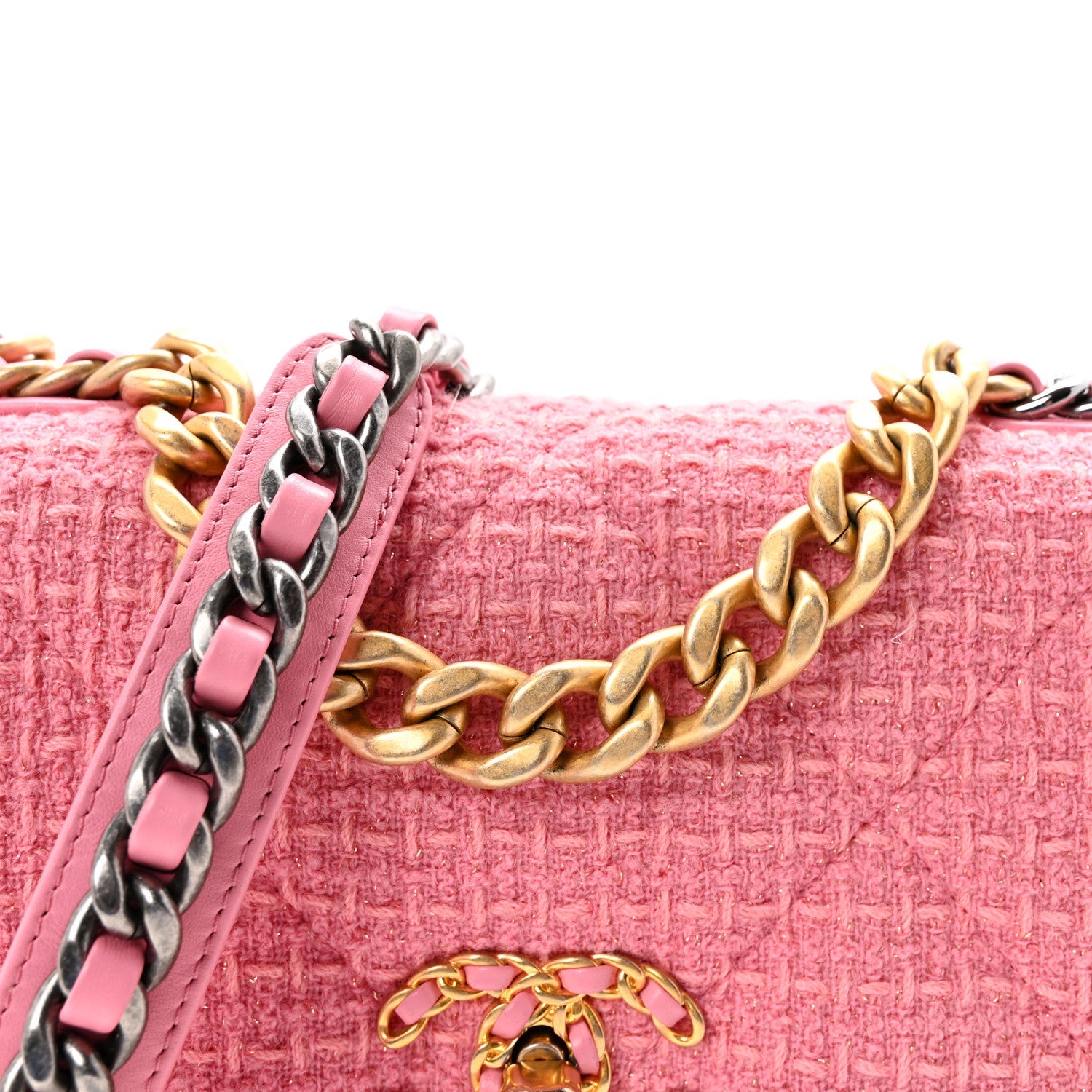 Metallic Tweed Quilted Medium Chanel 19 Flap Pink