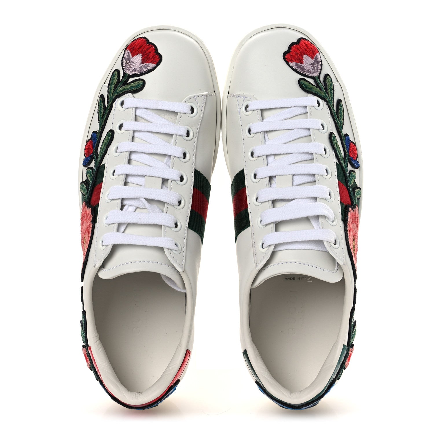 Calfskin Web Floral Embroidered Womens Ace Sneakers 35 White
