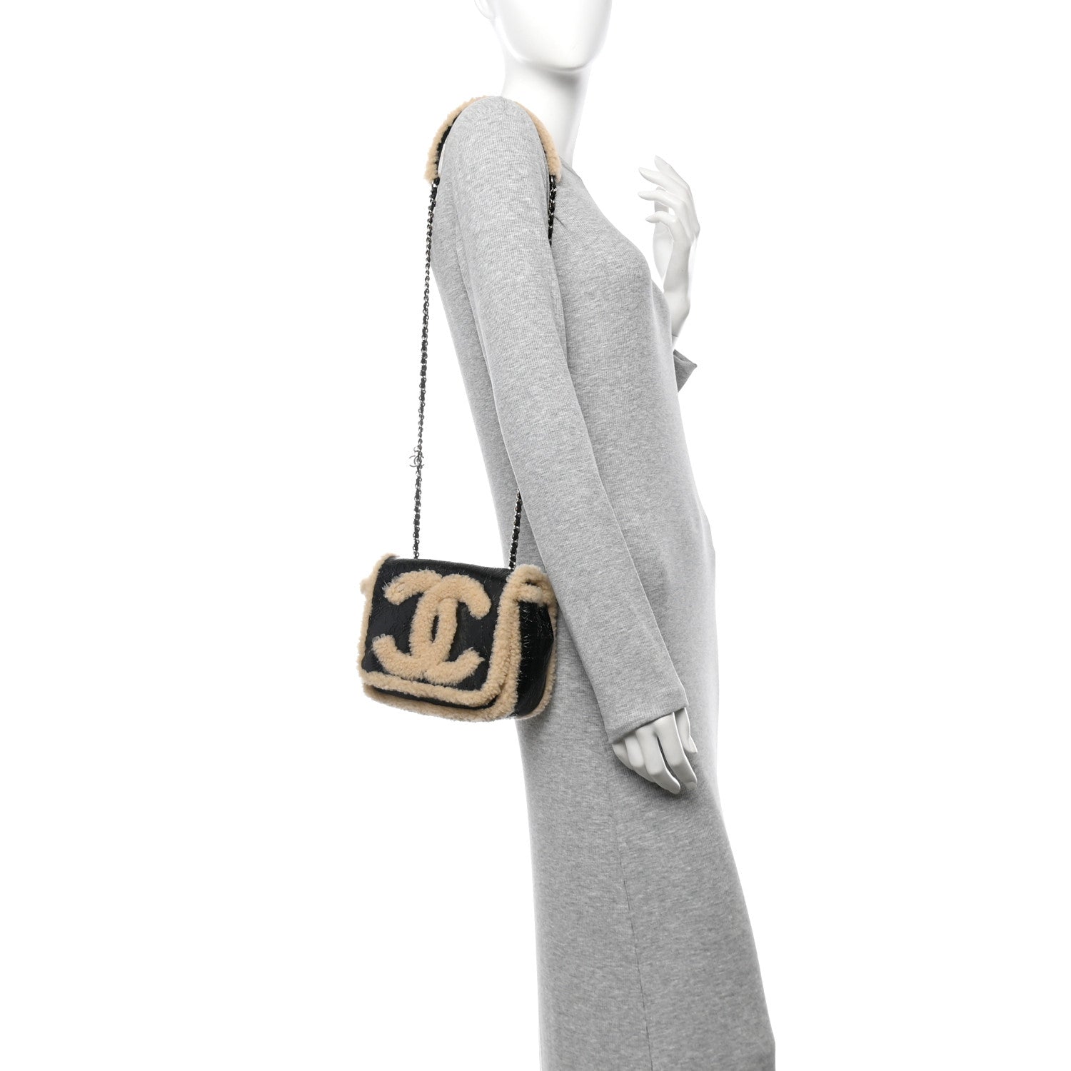 Shiny Crumpled Sheepskin Shearling CC Mania Flap Bag Black Beige