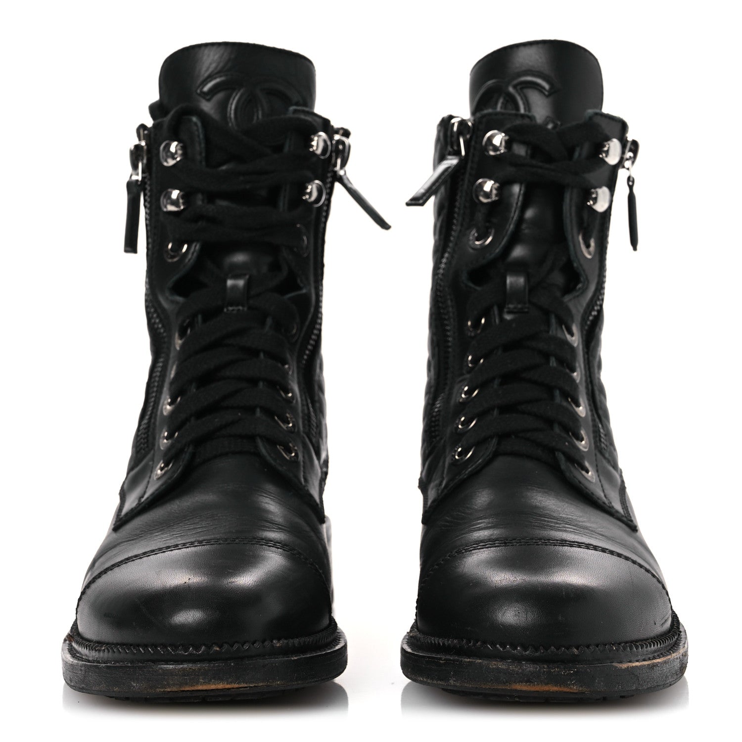 Calfskin Quilted Lace Up Combat Boots 37.5 Black