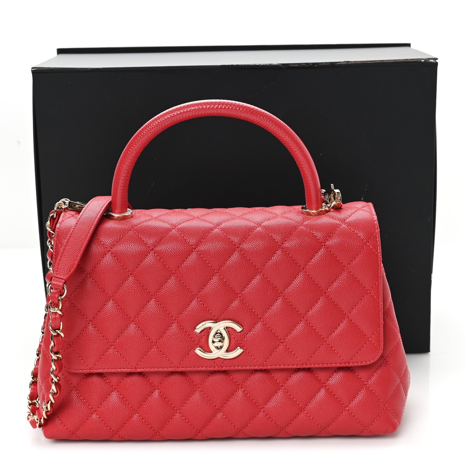 Caviar Quilted Lizard Embossed Small Coco Handle Flap Red
