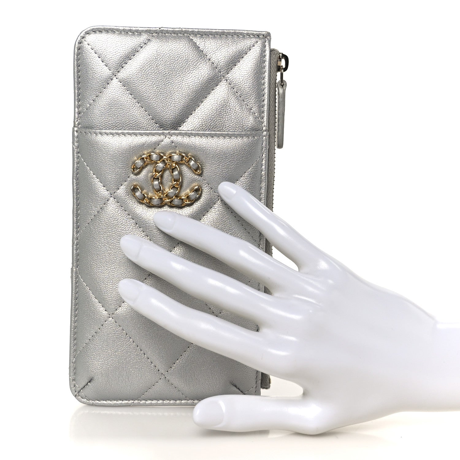 Lambskin Quilted Chanel 19 Phone and Card Holder Silver