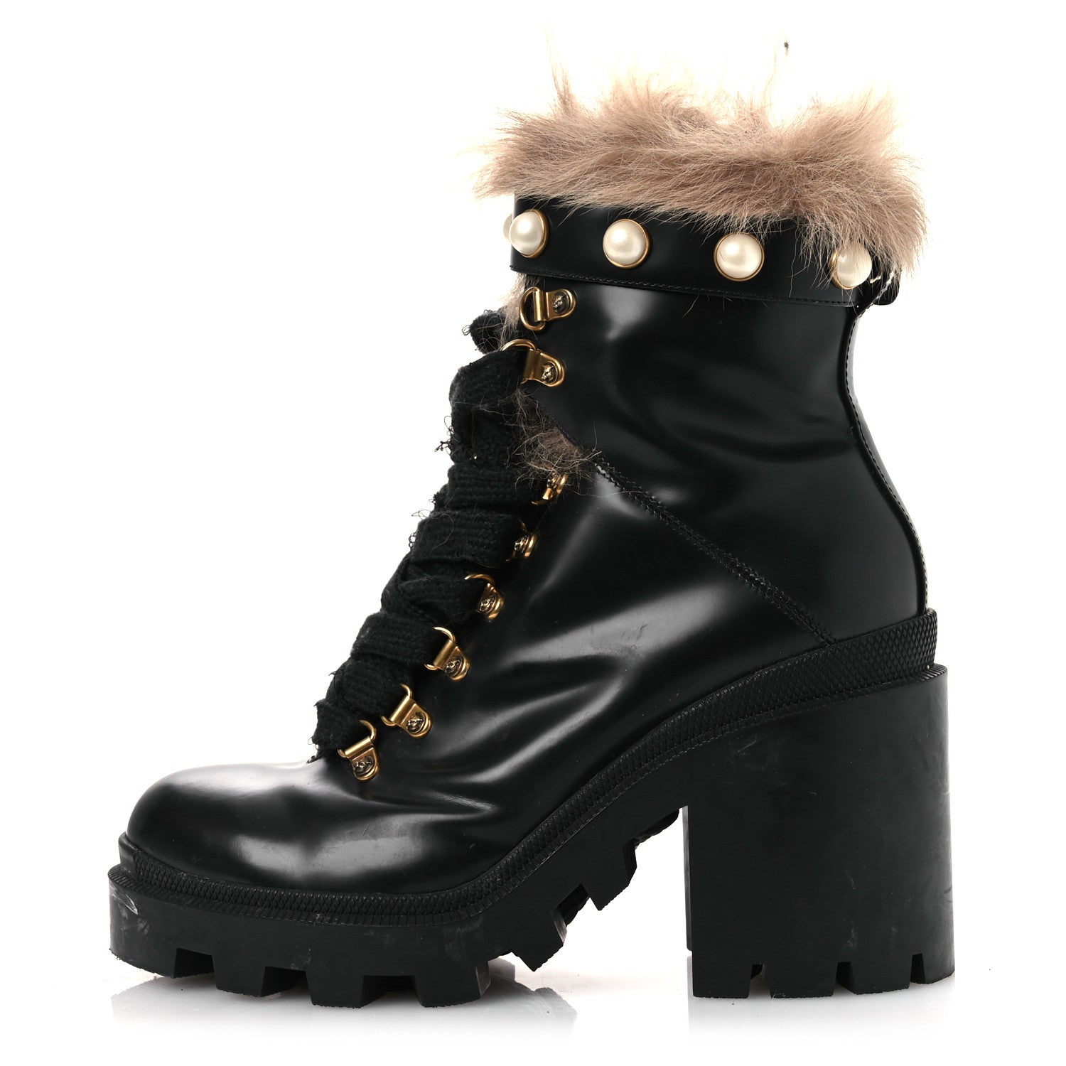 Magnum Calfskin Fur Pearl Lace Up Combat Ankle Boots 39.5 Black Naturale