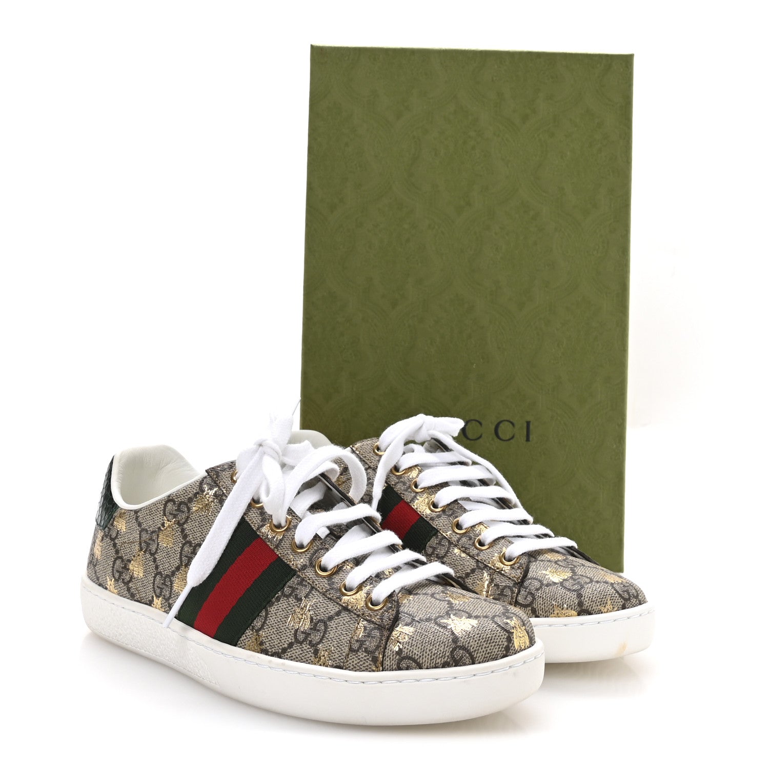 GG Supreme Monogram Bees Ayers Web Womens Ace Sneakers 37 Beige Oro Green Red