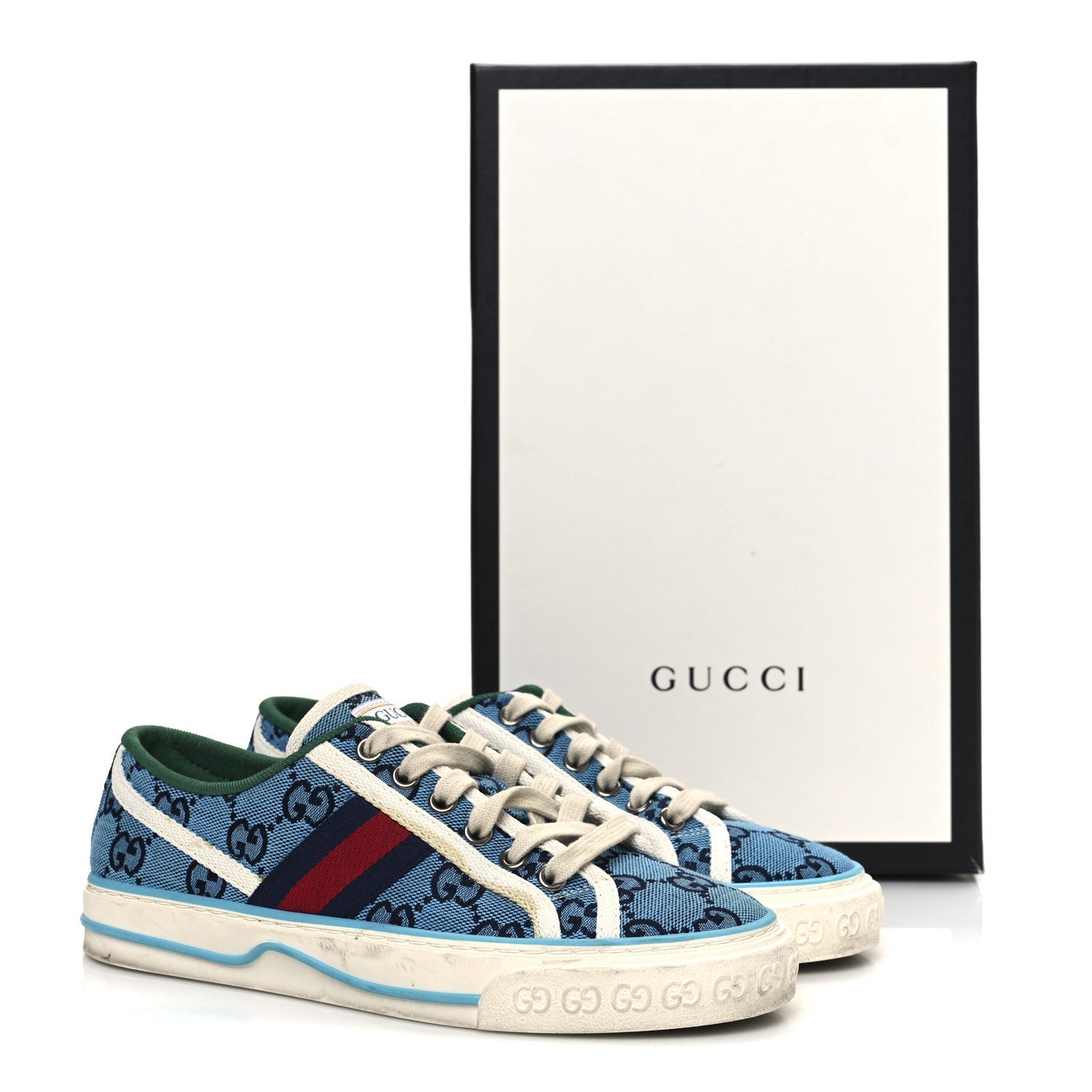 GG Monogram Multicolor Web Womens 1977 Tennis Sneakers 35 Light Blue Mystic White