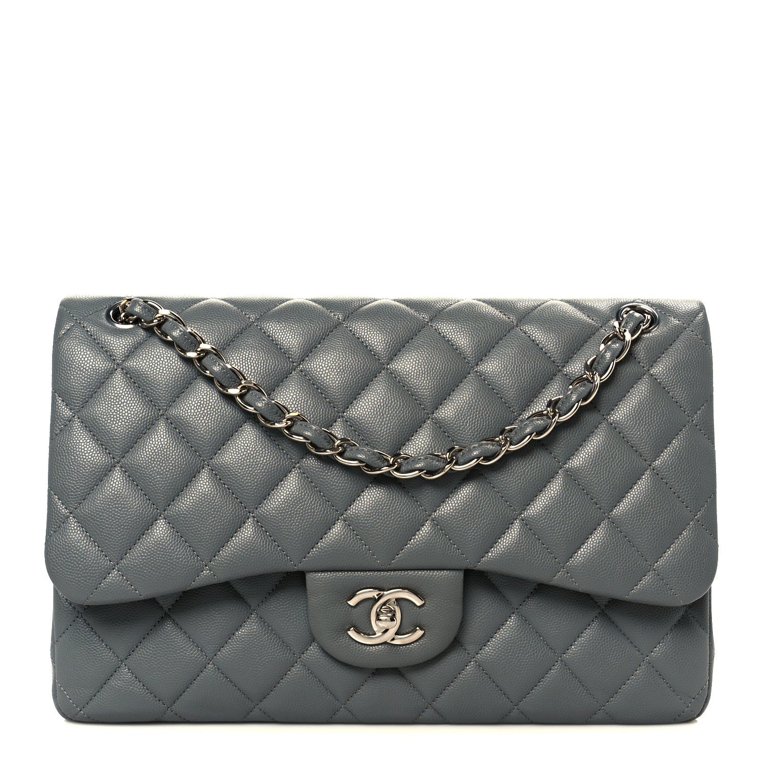 Caviar Quilted Jumbo Double Flap Grey